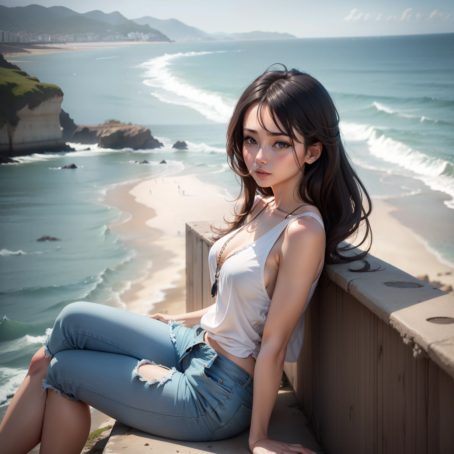 25 year old woman rough style ocean view enjoying nice view