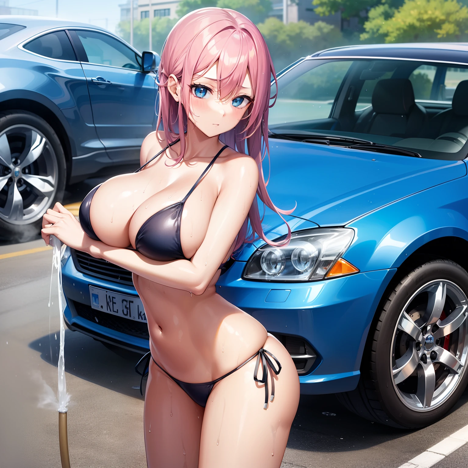 {{{{{masutepiece,Best Quality,ultra-detailliert}}}}},1womanl,Sweat,Beautiful pony story hair,Beautiful face,Beautiful blue eyes,Beautiful wet bikini,Washing the car,Holding a hose in her hand towards the car,Water is coming out of the hose vigorously,Car wash,Big breasts,Beautiful beach stand in front of wet car,posterior view,8K,