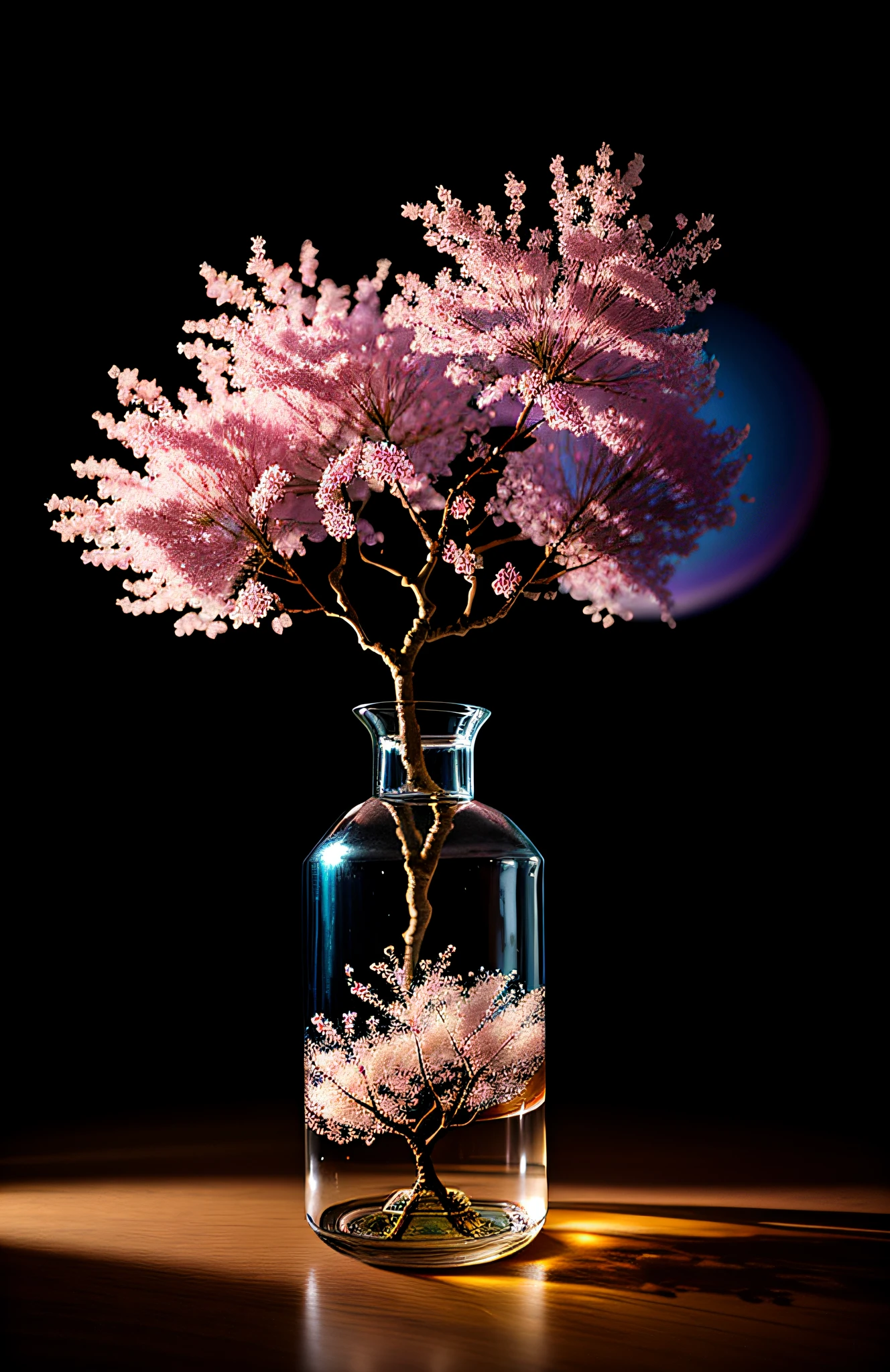 Cherry blossom tree in a bottle, Fluffy, Realistic, Atmospheric light refraction, author:Lee Jeffries Nikon D850 Film Stock Photo 4 Kodaport 400 Camera F1.6 Shots rich colors Ultra-realistic realistic textures Dramatic lighting Trends on Unreal Engine ArtStation CineStill 800, Style-Glass