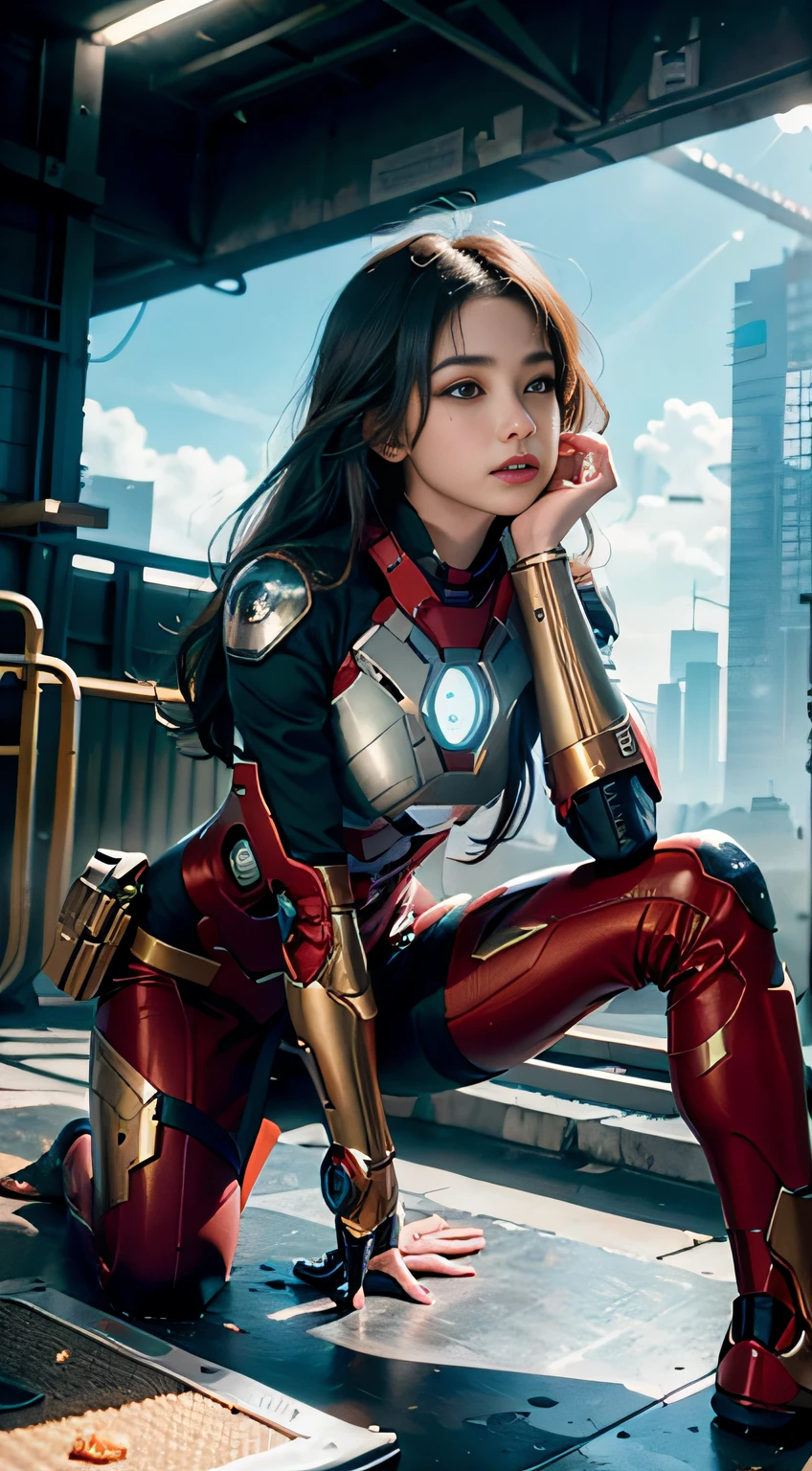 (1girl:1.3), solo,__body-parts__, official art, unity 8k wallpaper, ultra detailed, beautiful and aesthetic, beautiful, masterpiece, best quality, RAW, masterpiece, super fine photo,, best quality, super high Resolution, photorealistic, sunlight, full body portrait, stunningly beautiful,, dynamic pose, delicate face, vibrant eyes, (side view), she is wearing a futuristic Iron Man mech, red and gold, Highly detailed abandoned warehouse background, detailed face, detailed complex busy background, messy, gorgeous, milky, high detailed skin, realistic skin details, visible pores, sharp focus, volumetric fog, 8k uhd, dslr camera, High quality, film grain, fair skin, photorealism, lomography, sprawling metropolis in a futuristic dystopia, view from below, translucent
