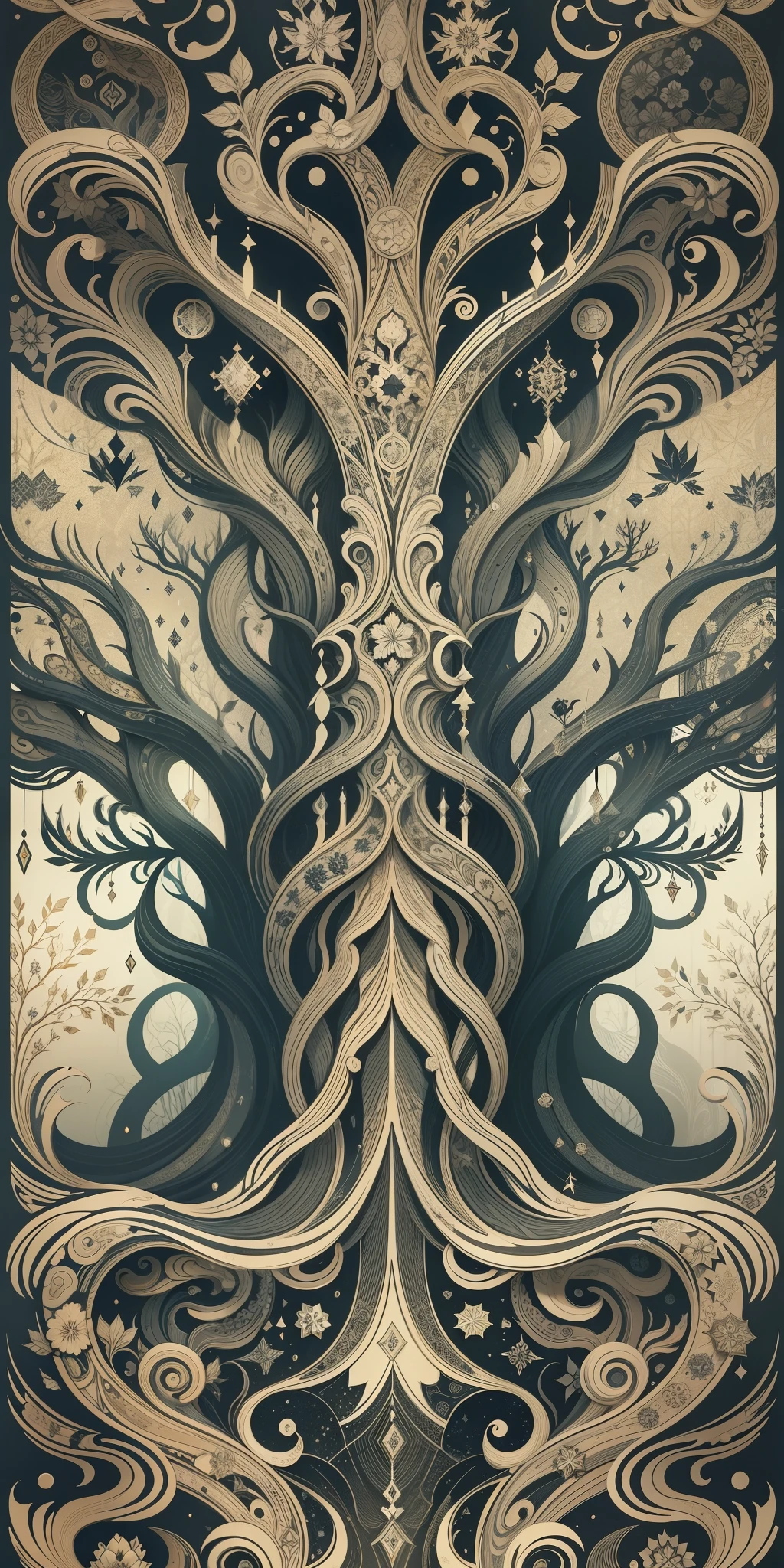 Nordic tree-shaped solitaire,Flat style, abstract artistic,Graphic design,对称, Math, Renaissance, Oil painting, 2D canvas, highly detailed, 复杂, Classic paint, Black monochrome, crystals, opulent, lap, gothic ornament, Graphic design