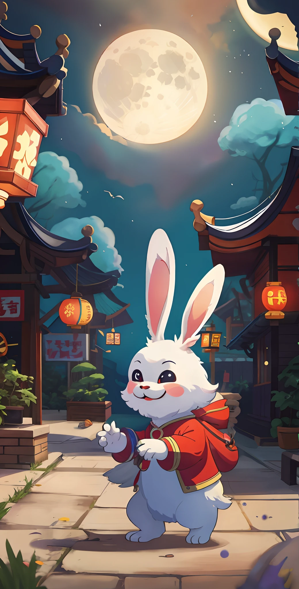 Mid-Autumn Festival scene,large moon,edgBunny,There is Kong Ming in the sky,Childrenswear outfit,The picture is simple,cheerfulness,Rejoice,(Bokeh) (8K) (Sharp focus),(having fun),Mobile game art, Game illustration, Mobile game assets, mobile game style, Stylized game art, Mobile game background, 2D mask illustration, 2 d illustration, 2D illustration, flatillustration, 8 K cartoon illustration, mobile game, Official illustration