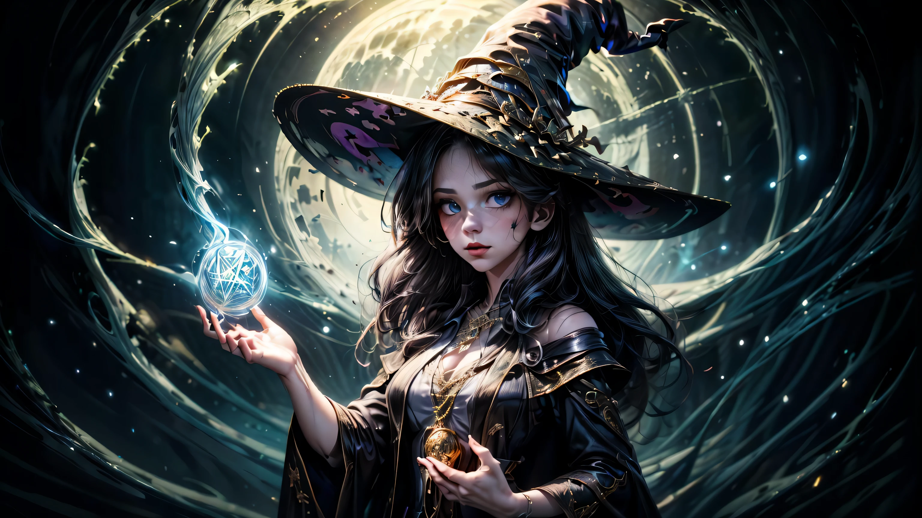 1girl, (((witchcore, witchcraft, mystical, occult))) , magician, spell magic, ((magic in hand)), ((dark magic)), (masterpiece, best quality:1.4),(absurdres, highres, ultra detailed:1.2),(using dark magic:1.4), imaginative overlays, artistic fusion,fantastical scenes, evocative narratives, striking visuals, upper body ,