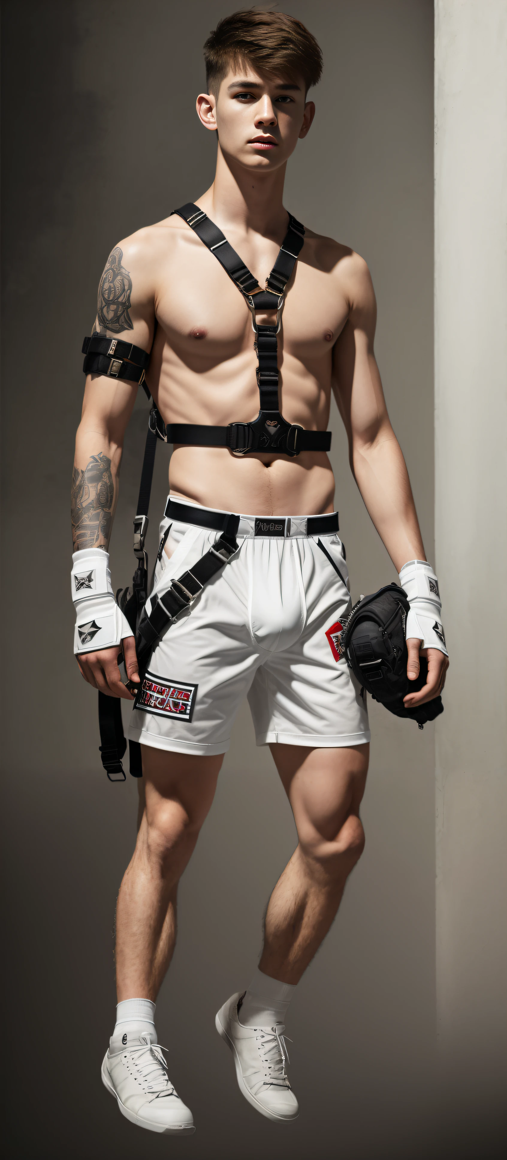 Realistic, military style, men, ager, pokerface, topless, (((harness))), white boxerbriefs, reebok white+yellow sneakers, hairy legs, 8k, masterpiece, best quality, full view