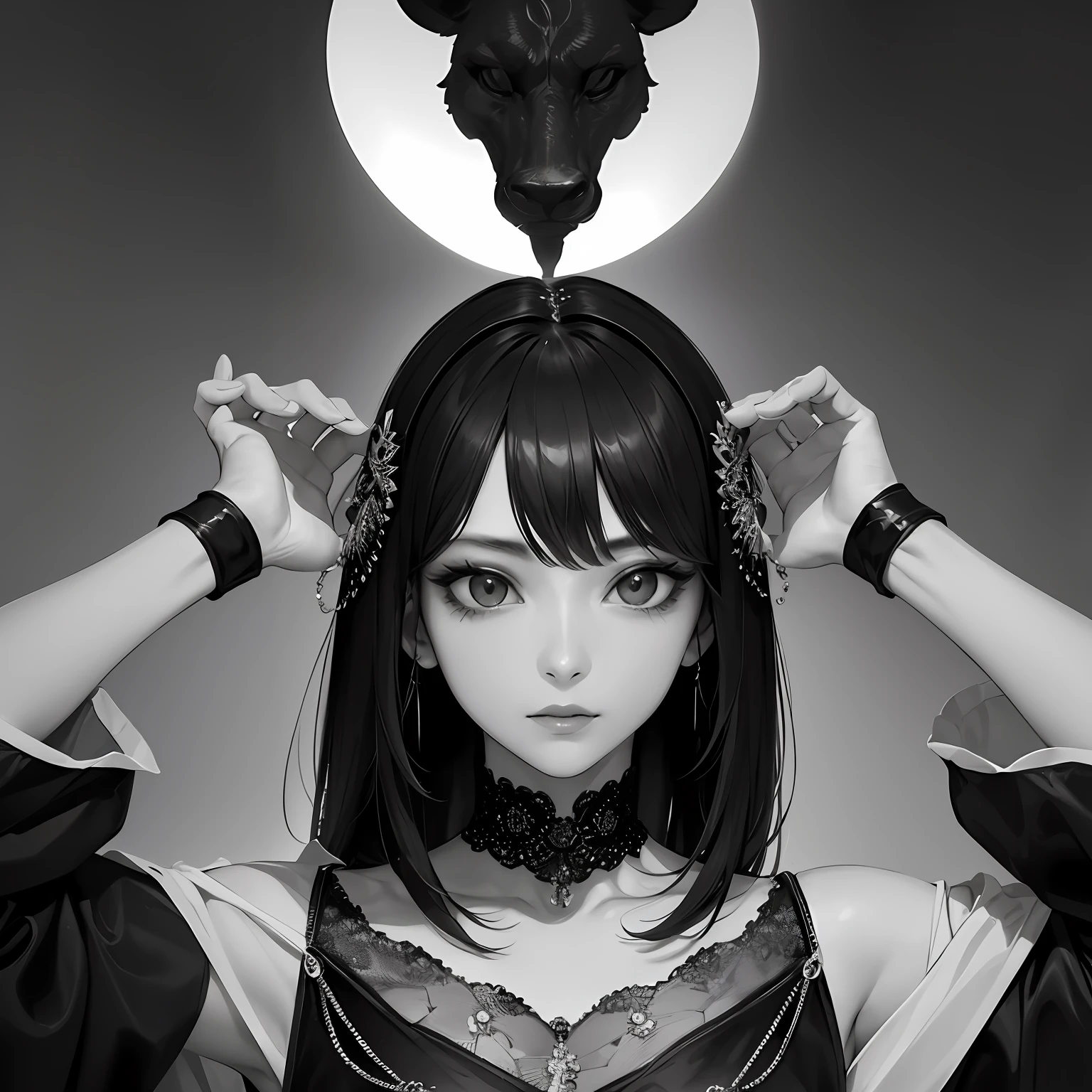 masterpiece、top-quality、hight resolution、High-quality images、8K、1womanl、detaileds、Detailed eye depiction、skin gloss、Lustrous black hair Monochrome grayscale、Lisa、portlate、Memories with Leo