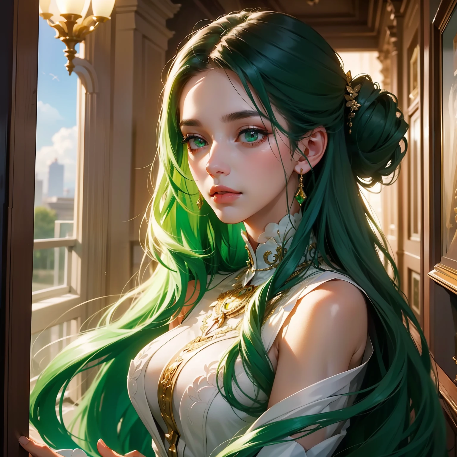 (A well-dressed young woman stands by the bedside, her expression cold and indifferent: 1.8) (She wears an elegant gown, with intricate details and a flowing train: 1.9) (Her hair is stright, swept up into an elaborate updo: 1.8) (She stands tall and statuesque, radiating an air of detachment: 1.9) (The room is adorned with luxurious decor, reflecting her refined taste: 1.8) ( her eyes is emerald color: 1.8)