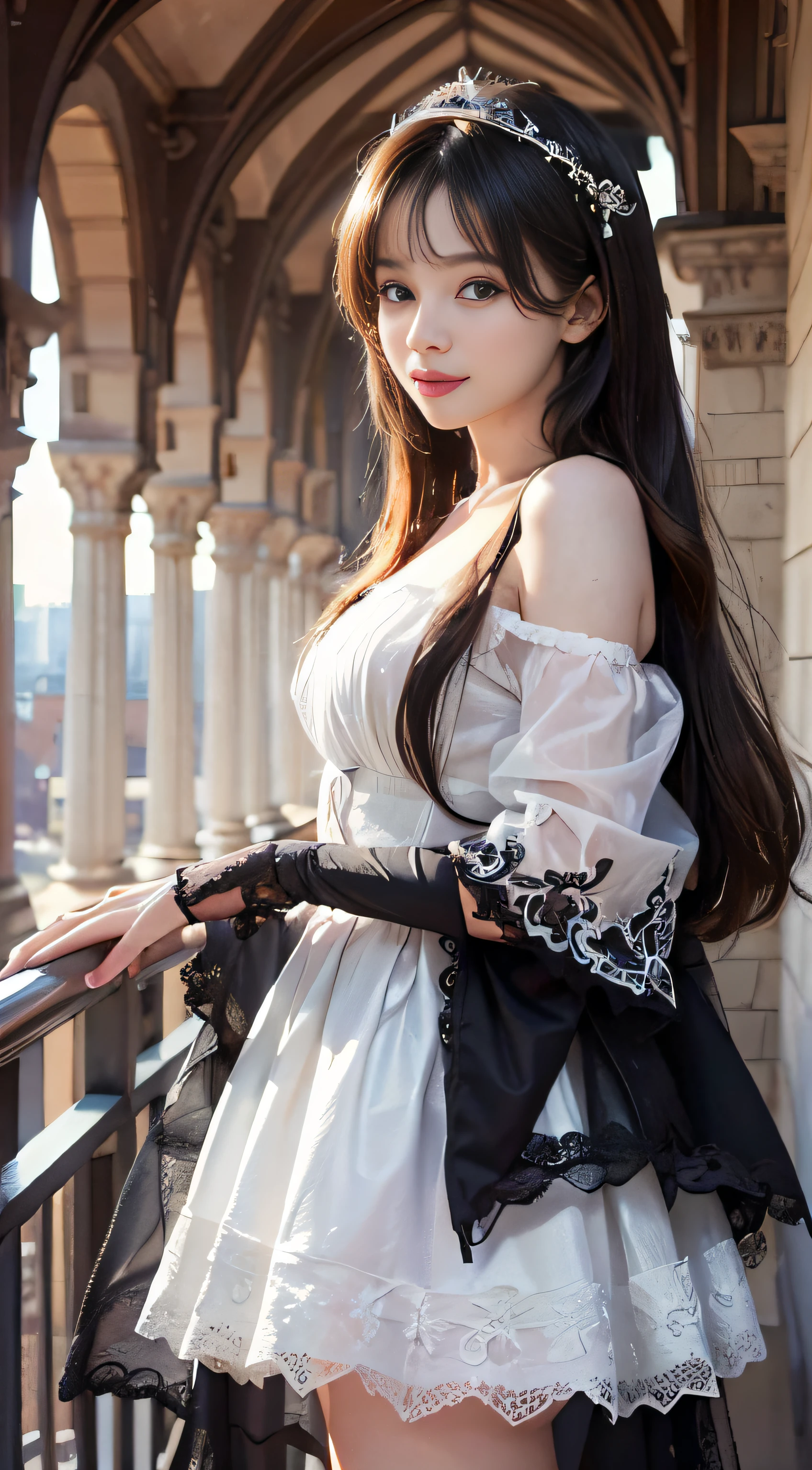 (A hyper-realistic)、(illustratio)、(hight resolution)、(8K)、(ighly detailed)、(Best Illustration)、(beautifully detailed eyes)、(top-quality)、(ultra-detailliert)、(masterpiece)、(wall-paper)、(A detailed face)、独奏、1 girl in、looking at viewert、fine detailed、A detailed face、in the darkness nigth、deep-shadows、lowkey、pureerosfaceace_v1、A smile、long、Black shawl straight hair、46-point diagonal bangs, (white lace dress、long skirt)(off shoulders)((Woman standing on balcony in castle))