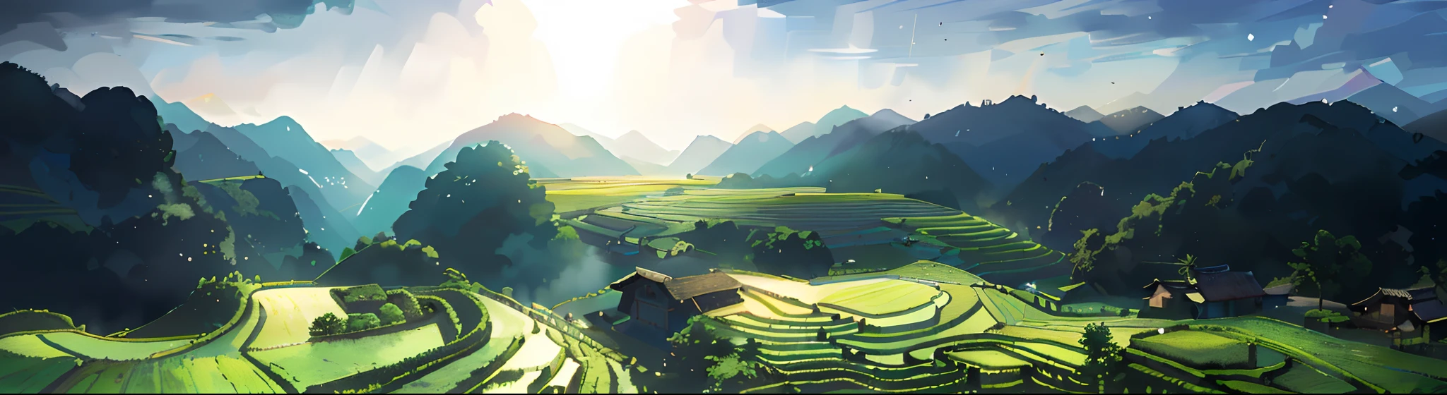 Large expanses of terraced fields, mountains, huts, with rice fields, rice fields, neat rice seedlings in the fields, misty rain, villages, agriculture, in the tranquil landscape, misty weather, in the vast tranquil landscape, in the early morning, in the morning mist, behind a small village, mist, Japanese countryside, thatched roofs --v 6