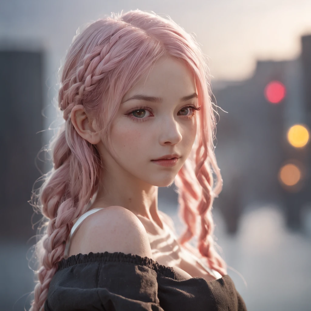 1girl, solo, , petite, (very_long_hair), (pink_hair:1.2), braids, (red_eyes), medium_breasts, (white_shirt:1.5), (windbreaker), (off_shoulder:1.2), (portrait), glowing_eyes, background_light, (cityscape:1.5), (neon_lights:1.2), (shushing:1.2),(science), cyberpunk, ((masterpiece)), (highres), (best_quality), (highly_detailed), (original),(Delicate background),(extremely detailed 8K wallpaper),cinematic lighting, volume lighting, light particles, shaded_face, beautiful_detailed_eyes, depth_of_field, perspective,