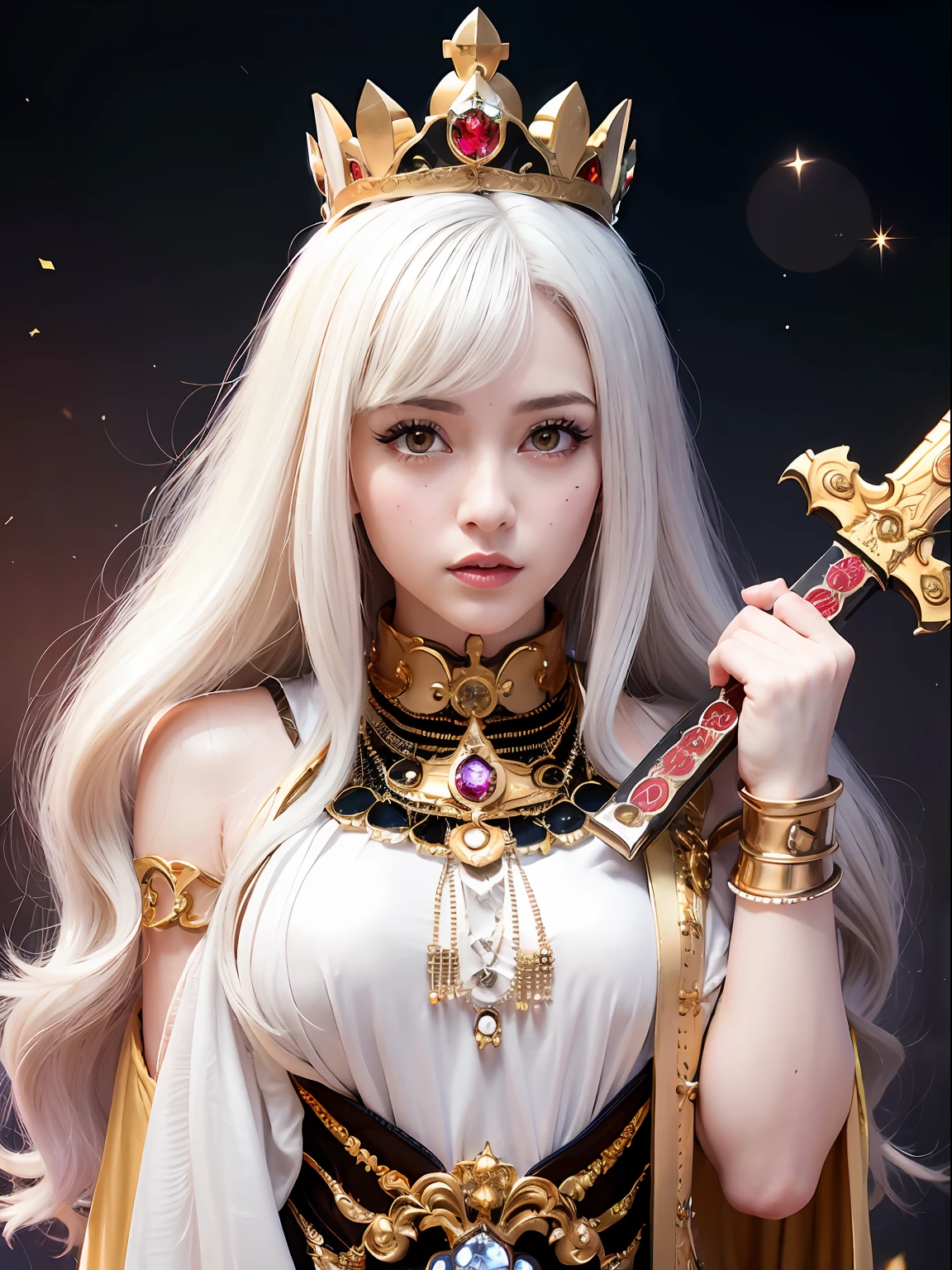 (masutepiece), Professional , masterpiece、top-quality、photos realistic , depth of fields (Gemstone Silver Metal Body:1.9),(Matte White、Jewel Gold Weapon(Jewel Metal Body:1.4),Gorgeous metal weapons ,(Swarm of goblins)、 Detailed Sword of the Brave , Beautiful knife ,warhammer 40k , adepta sororitas,Detail and ornate jewel crown、Black hair、Gangle's forest background、Beautiful Caucasian beauty、1a person、dynamic ungle,(((Detailed and ornate diamond crown)))、Smaller head、A smile、Take a sexy pose、Thin and beautiful female hands、cyanide light particles、Mystical expression、