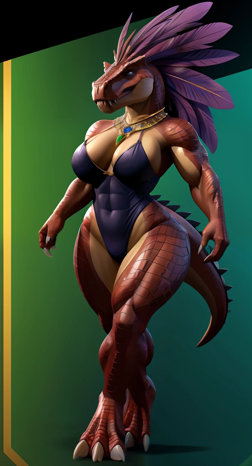 Anthropomorphic, furry, scaly, hybrid, woman, dinosaur, tyrannosaurus, black high cut leotard, black high leg leotard, sexy, curvy body, muscular body, thicc, claws, sharp teeth, fangs, tail, scales, hair, violet colored feather mane, fierce, busty, beautiful, lovely, savage, powerful, sexy legs, sexy hips, loving wife, giant, ruby red scales, emerald green scaled underside, violet stripes, confident, strong, blue eyes with slit pupils, long legs, seductive, loving, hourglass body, jewelry, fit body, short arms, fully scaled, big head, monstrous, beastly beauty, proud, close up, regal looking, dark skin, hard abs, bare feet, spikes, reptile, sensual, T-Rex, queen, transparent background, blank background, tail comming out of the spine,