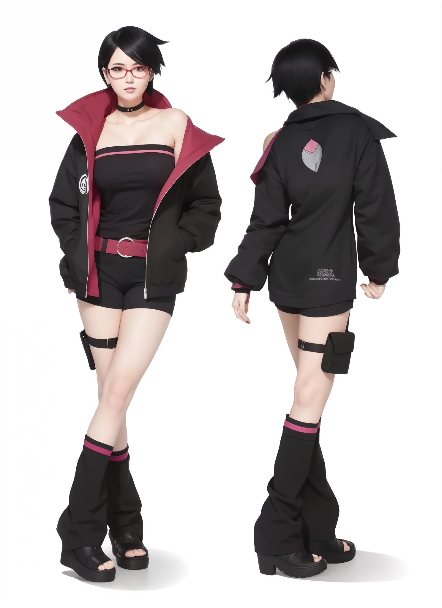 Sarada uchiha, Ladies, short black pants, black tank top, black jacket with pink trim, black heels, short hair, Happy expression, Beautiful eyes, face of a Russian woman
