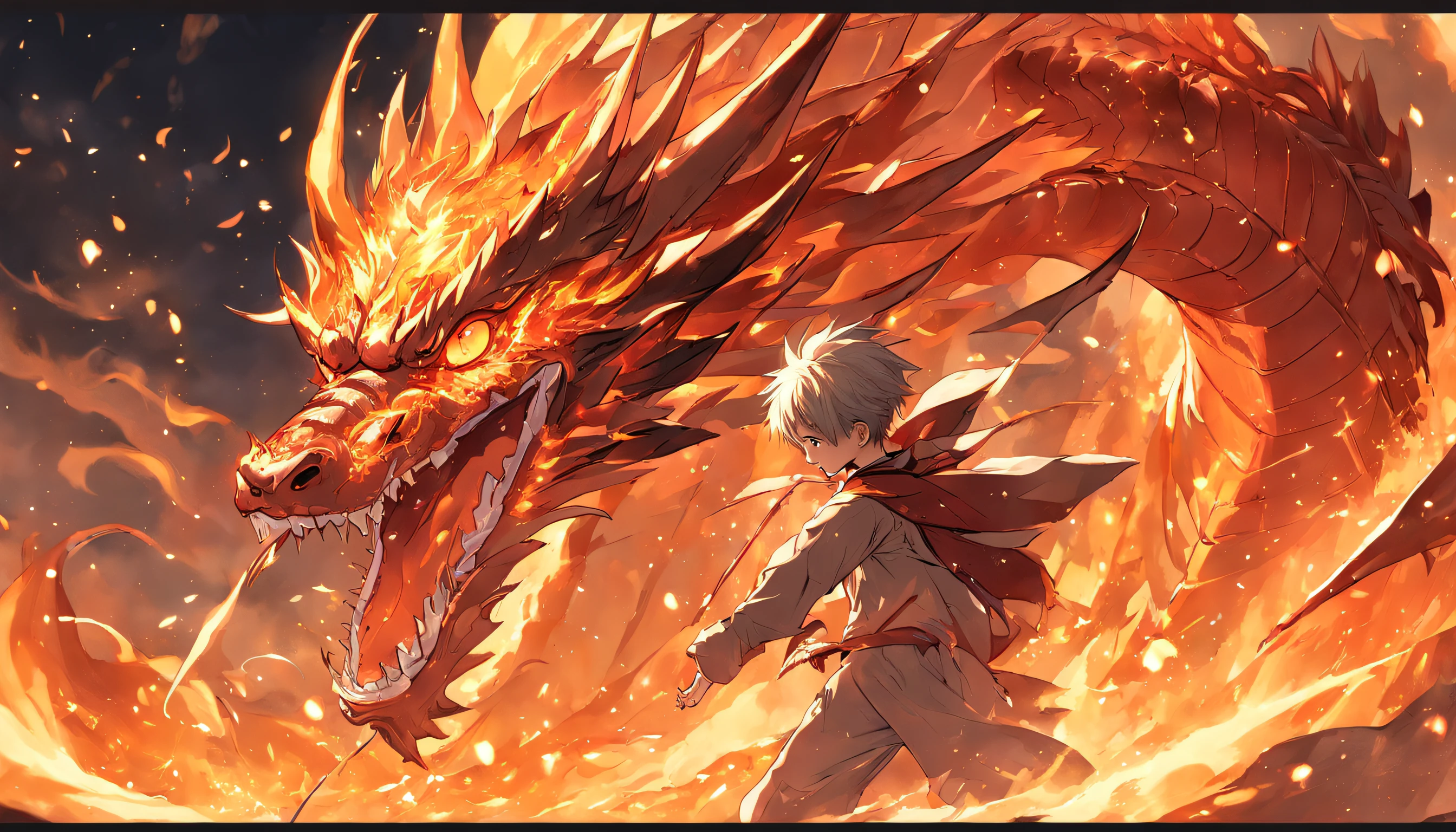 （Handsome boy riding a dragon），Holding a feather fan，Golden red fire dragon，ablaze with intensity，There was a fire in the air，Gunsmoke effect：1.5,Elongated dragon body，elevation，Faraway view，super detailing，best qualtiy，tmasterpiece，8K，Extremely detailed，Epic artwork