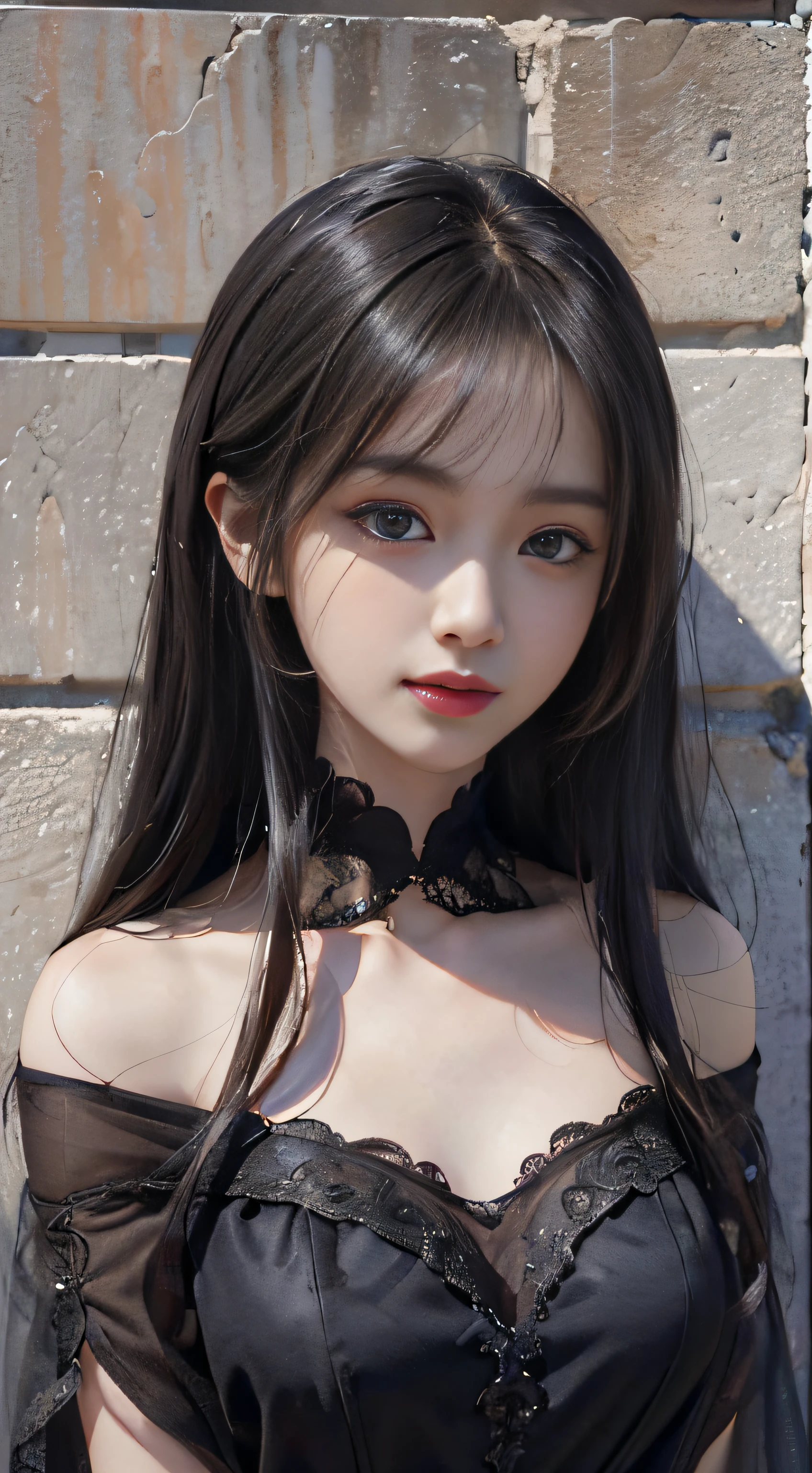 (A hyper-realistic)、(illustratio)、(hight resolution)、(8K)、(ighly detailed)、(Best Illustration)、(beautifully detailed eyes)、(top-quality)、(ultra-detailliert)、(masterpiece)、(wall-paper)、(A detailed face)、独奏、1 girl in、looking at viewert、fine detailed、A detailed face、in the darkness nigth、deep-shadows、lowkey、pureerosfaceace_v1、A smile、long、Black shawl straight hair、46-point diagonal bangs, (silk dresses、long skirt)(off shoulders)((Woman Standing Against the Wall of the Castle))
