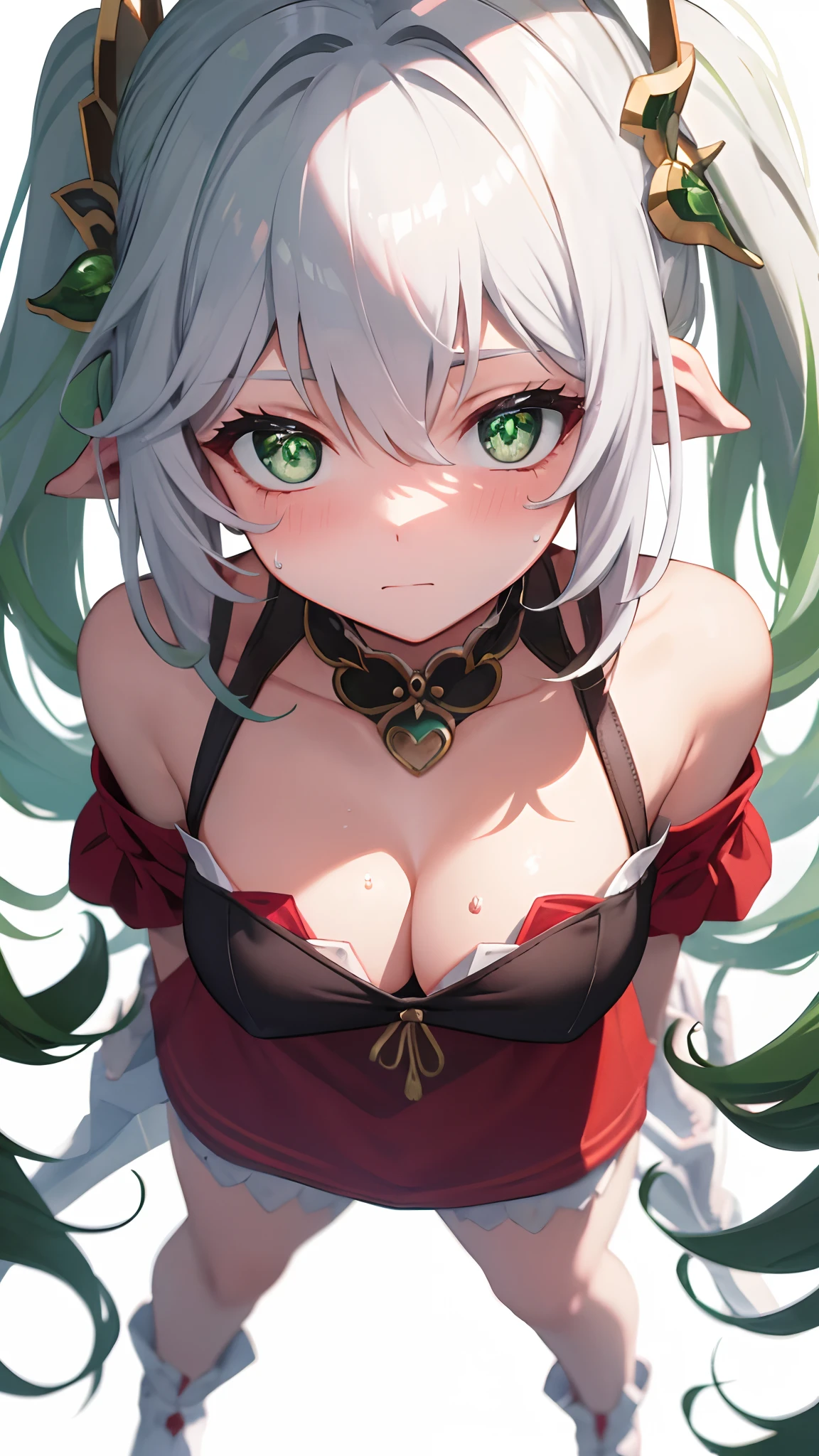 tmasterpiece，best qualtiy，Fine and detailed，A high resolution，Extremely Delicately Beautiful，（whaite hair），Close-up Shot Shot，（Green eyes），（Sweaty），Be red in the face，cleavage，Off-the-shoulder attire，Full body photo，perfect bodies，