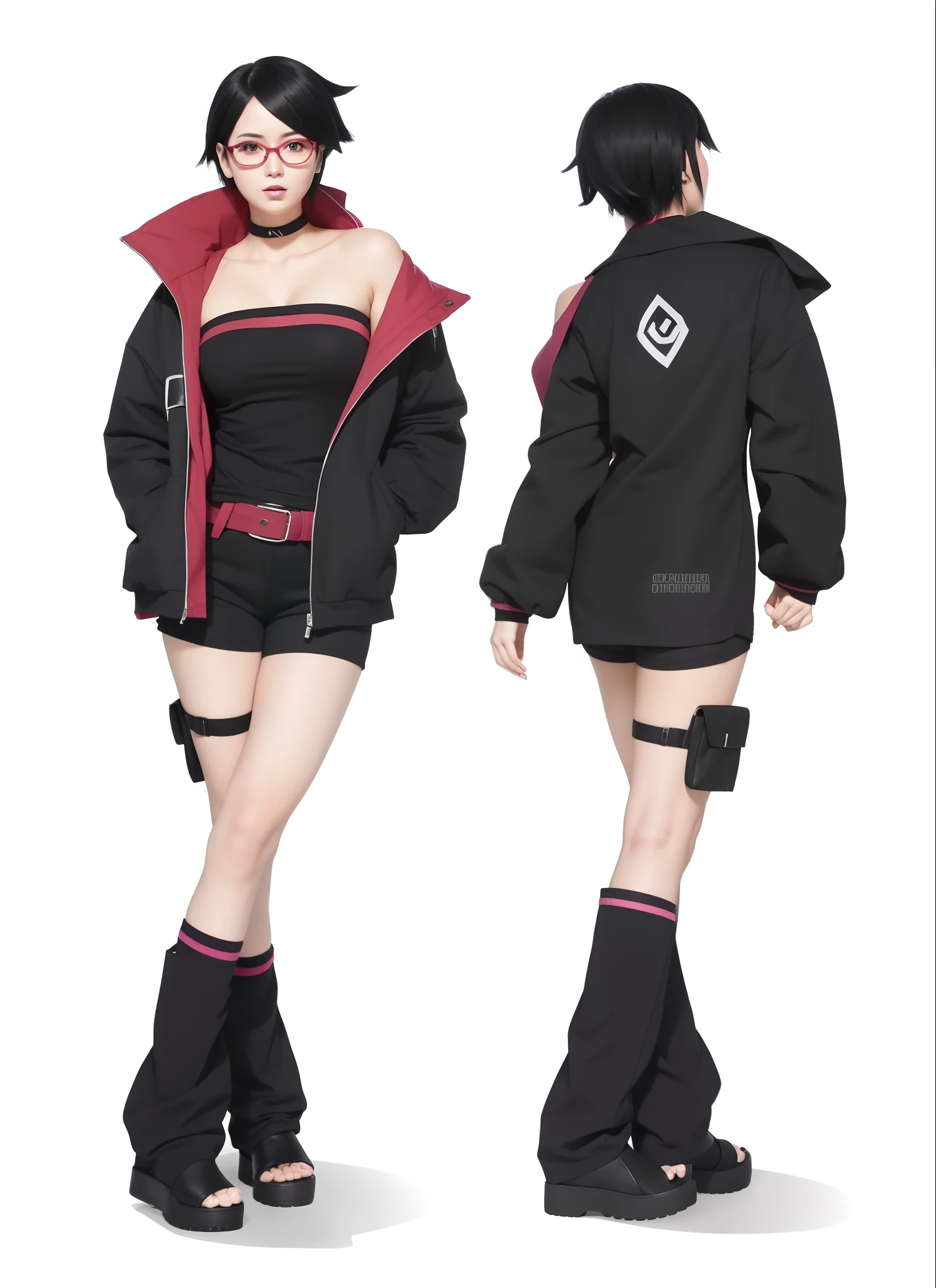 Sarada uchiha, Ladies, short black pants, black tank top, black jacket with pink trim, black heels, short hair, Happy expression, Beautiful eyes, face of a Russian woman