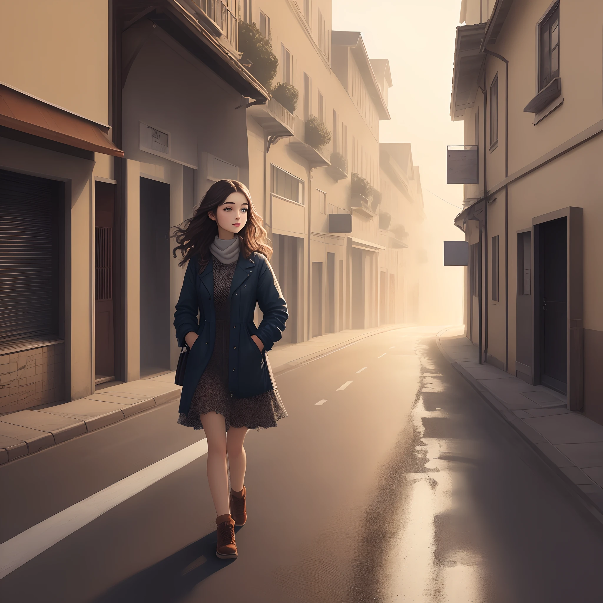 Beautiful young woman walking on the road, illustration,clear view.
