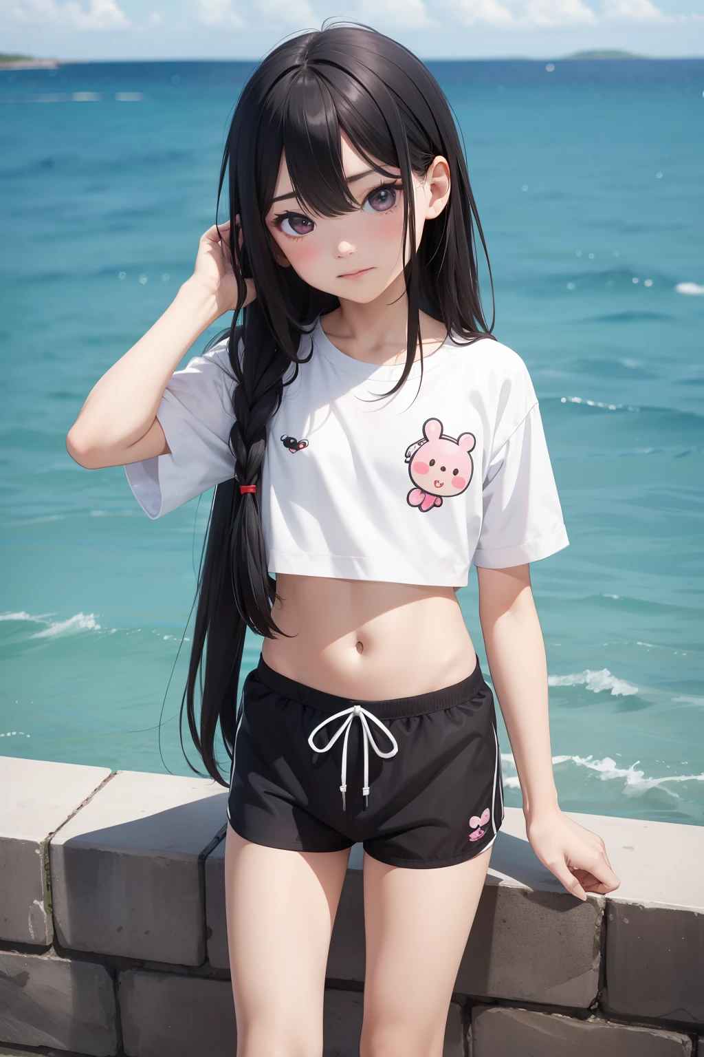 Libido boy,youth,male people,,long eyelasher,二重まぶた,Three and seven points,mid - length hair,Black hair,Dark pupils,little mouth,The long one is very neutral,Height one meter six five,Wear black swimming trunks by the sea,Comic book style