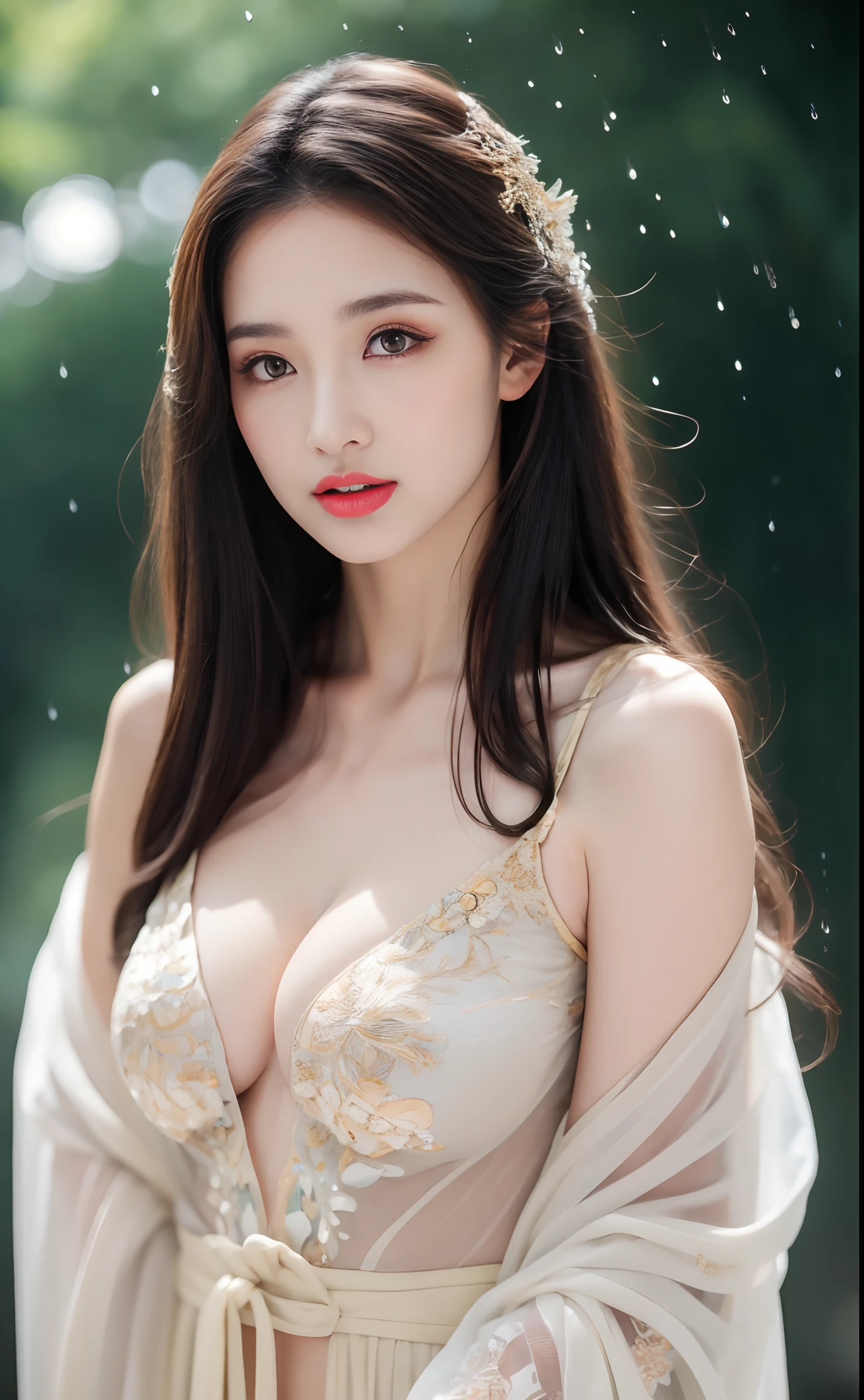 ((Best Quality, 8k, Masterpiece: 1.3)), Focus: 1.2, Perfect Body Beauty: 1.4, Buttocks: 1.2, ((Layered Haircut)), (Wet Clothes: 1.1), (Rain, Street:1.3), (Breasts: 1.2), (Hanfu: 1.2), Bare Shoulders, Bare Legs, Highly Detailed Face and Skin Texture, Fine Eyes, Double Eyelids, Whitened Skin, Long Hair, (Shut Up: 1.5), (Bokeh Background: 1.5), Big Breasts