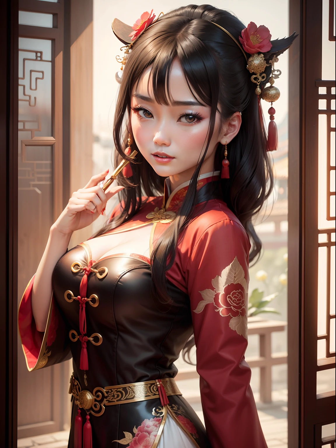 (8k, RAW photo, best quality, ultra detailed CG unity 8k wallpaper,masterpiece:1.2), a girl, 3d, ultra beautiful detailed eyes, Precise iris depiction,ultra-detailed face,
Top quality, masterpiece, high resolution, (exquisite body: 1.5), gorgeous face, (milky skin: 1.3), intricate details, high resolution, wallpaper,
1girl, solo, dress, hair ornament, ((((gold and red dress)))), flower, long hair, brown hair, closed mouth, jewelry, long sleeve, hands raised, wide sleeves, big eyes,floating hair, han clothing, han style, embroidery, long skirt, natural pose, falling petals, indoors,incitement, lanterns,
16K, HDR, Hi-Res, Depth Field, (Film Grain: 1.1), Boken, Golden Hour, (Lens Flare), Vignette, Rainbow, (Color Grading: 1.5),ultra-detailed beautiful background drawn by professional illustrator