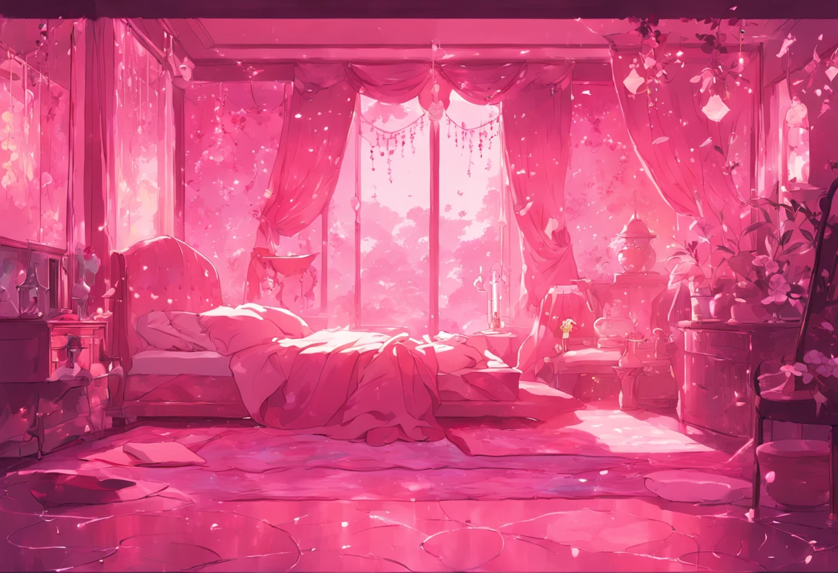 a brightly lit room with a couch and a rug in it, magical colors and atmosphere, magical colours and atmosphere, dreamy atmosphere and drama, brightly lit pink room, the walls are pink, pink zen style, very magical and dreamy, magical environment, fantastically gaudy colors, beautiful and aesthetic, floral environment, beautiful aesthetic, beautiful aesthetic design, bed of flowers on floor