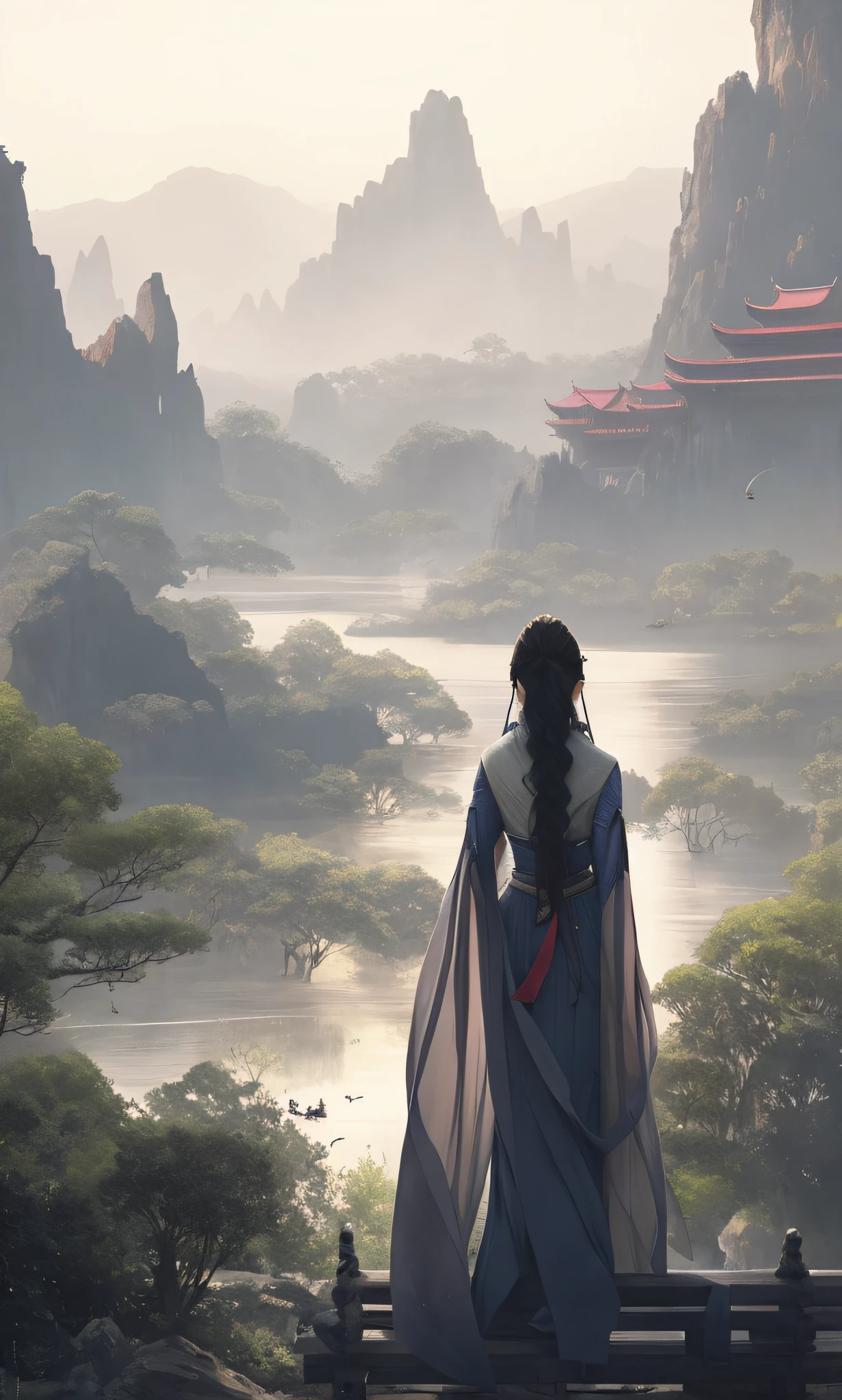There was a woman standing on a bench looking at the mountain, Estilo de Raphael Lacoste, ross tran. scenery background, elegant cinematic fantasy art, beautiful concept art, author:Raphael Lacoste, Palace , A girl in Hanfu, martin raphael lacoste, inspired by Raphael Lacoste, By Li Song, by Raymond Han, by Yang J
