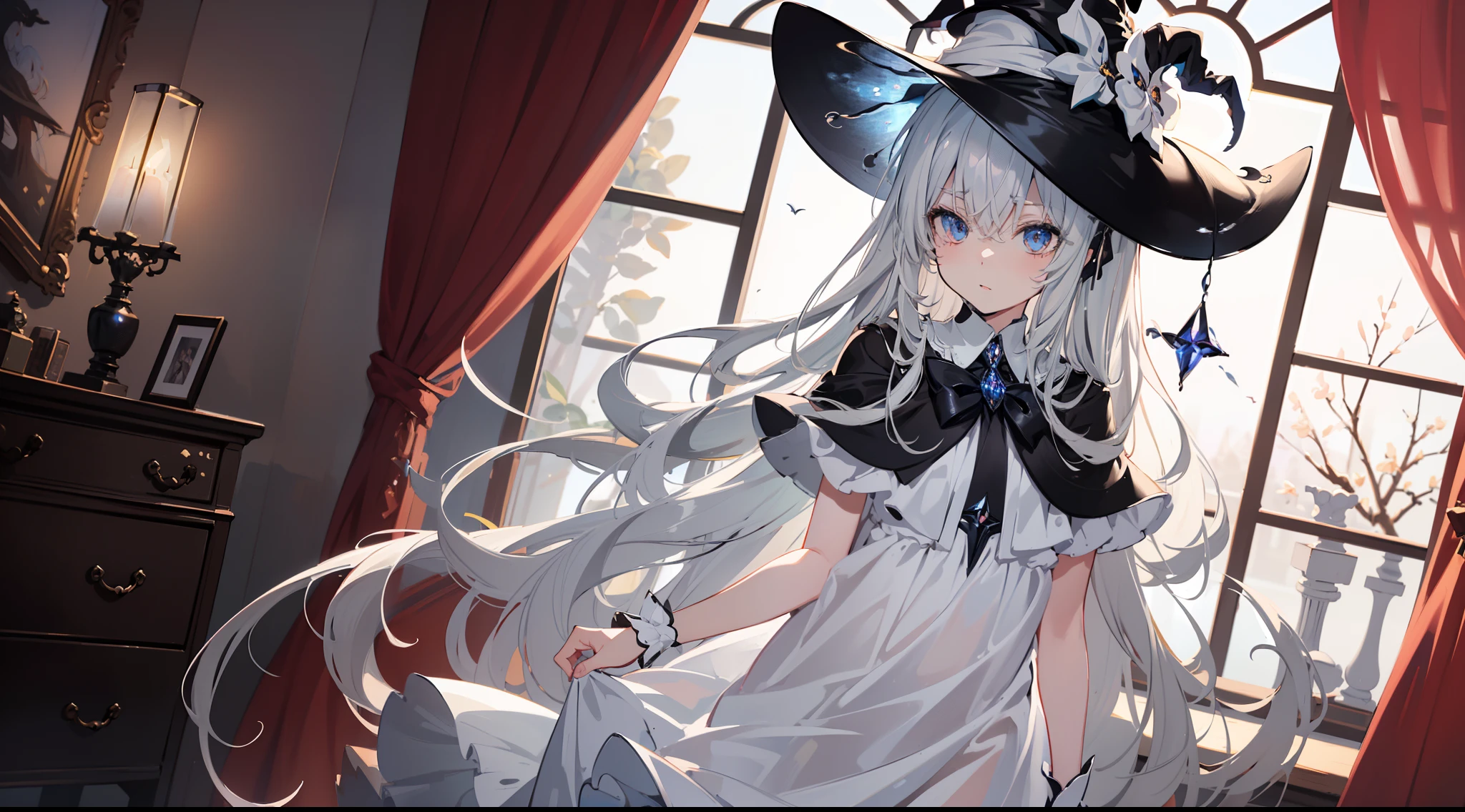 ((Best quality)), ((Masterpiece)), ((Ultra-detailed)), (illustration), (Detailed light), (An extremely delicate and beautiful), Dramatic perspective,A charming young girl,sorceress woman,Cute face,(Lucifer - The New Magician),(Sexy figure),(Black magic robe),Big black witch hat,white dresses