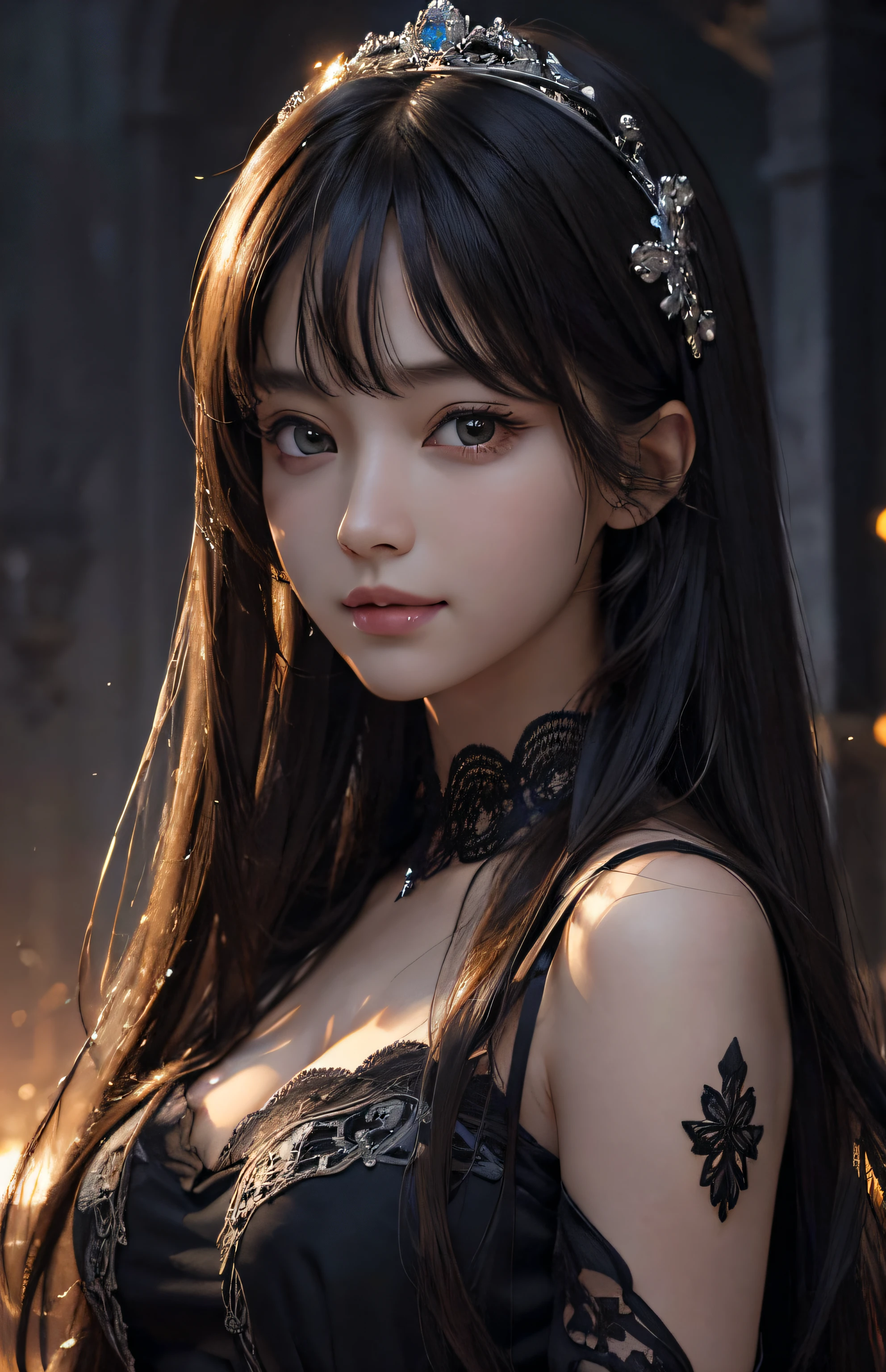 (Ultra Realistic), (Illustration), (Increased Resolution), (8K), (Extremely Detailed), (Best Illustration), (Beautiful and Detailed Eyes), (Best Quality), (Ultra Detailed), (Masterpiece ), ( wallpaper), (detailed face), solo, 1 girl, looking at viewer, fine details, detailed face, in the dark, deep shadows, low key, pureerosfaceace_v1, smiling, long hair, black shawl straight hair , 46 points oblique bangs