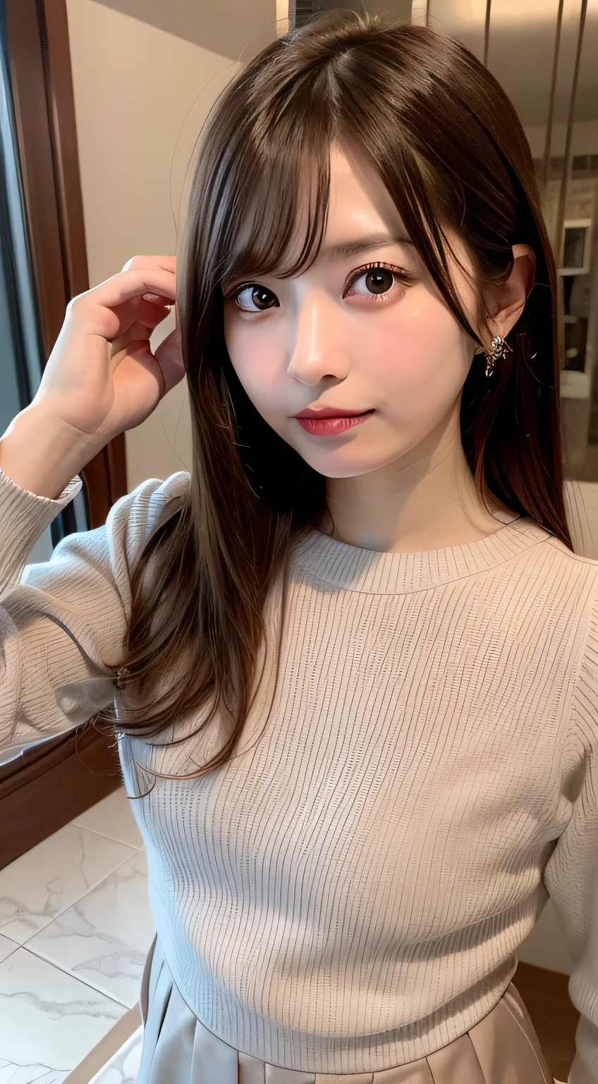 Tabletop, highest quality, figure, Super detailed, In detail, High resolution, 8k wallpaper, Perfect dynamic composition, Beautiful fine details,Wavy Hair,Natural color lip, Bold sexy pose,smile,Harajuku、20-year-old girl、cute、sexy shot looking at camera, (((virgin killer sweater))),bottomless,Narrow waist、Small waist、Thin legs,loose t-shirt,leaning forward