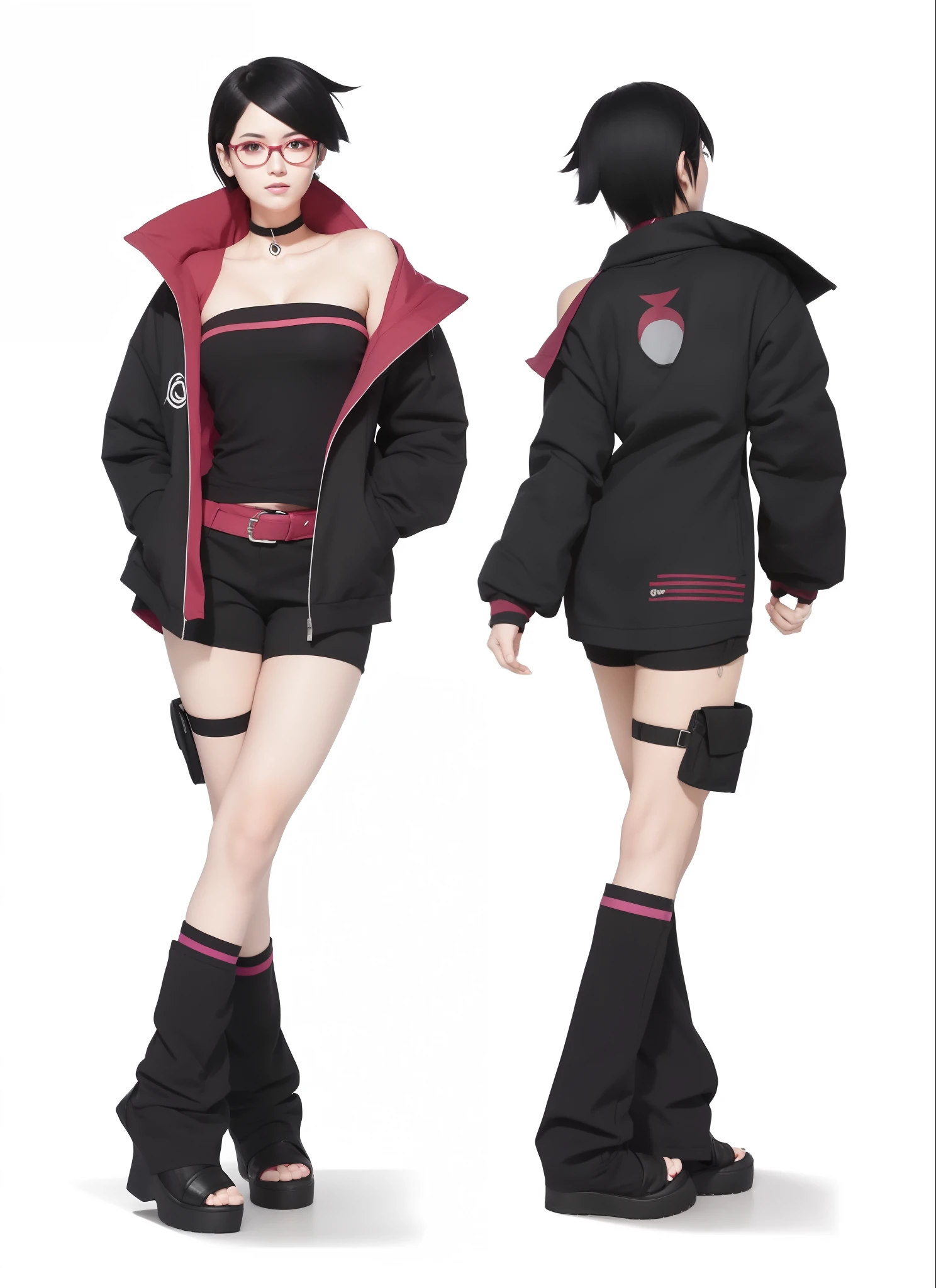 Sarada uchiha, Ladies, short black pants, black tank top, black jacket with pink trim, black heels, short hair, Happy expression, Beautiful eyes, face of a Russian woman
