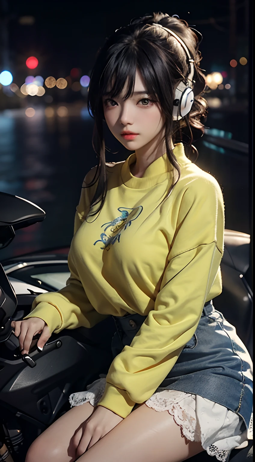 Highest image quality,Outstanding details,超高分辨率,(Fidelity:1.4),The best illustration,Favor the details,Highly cohesive 1girl,He has a delicate and beautiful face,Dressed in a yellow-blue sweatshirt,huge breasts1.2,with headphones on,Ride on a metal motorcycle,1girll,Short white lace skirt,The background is a high-tech lighting scene in the future city。