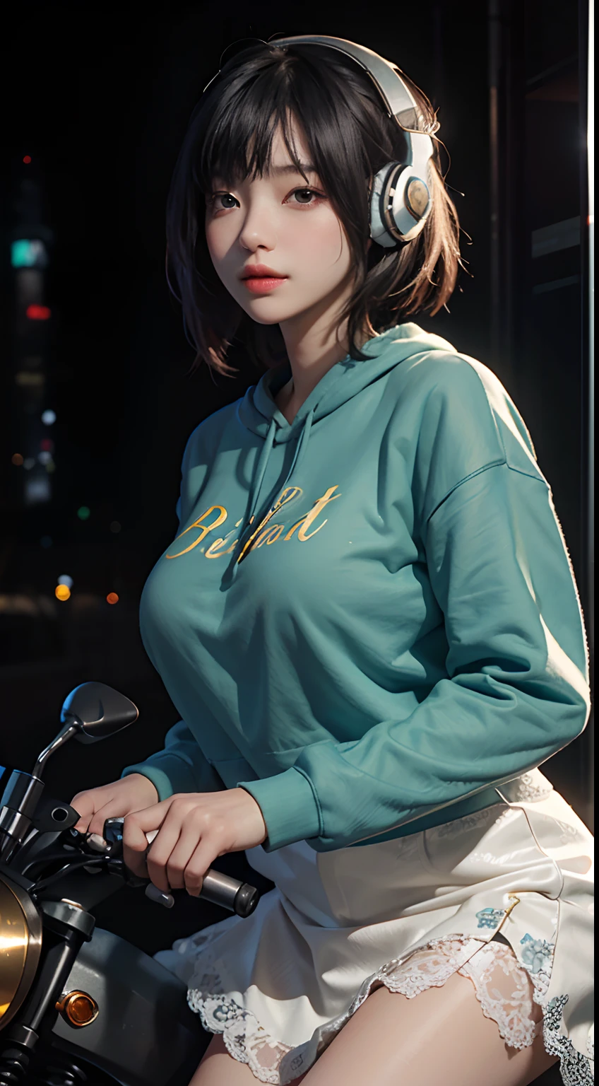 Highest image quality,Outstanding details,超高分辨率,(Fidelity:1.4),The best illustration,Favor the details,Highly cohesive 1girl,He has a delicate and beautiful face,Dressed in a yellow-blue sweatshirt,huge breasts1.2,with headphones on,Ride on a metal motorcycle,1girll,Short white lace skirt,The background is a high-tech lighting scene in the future city。