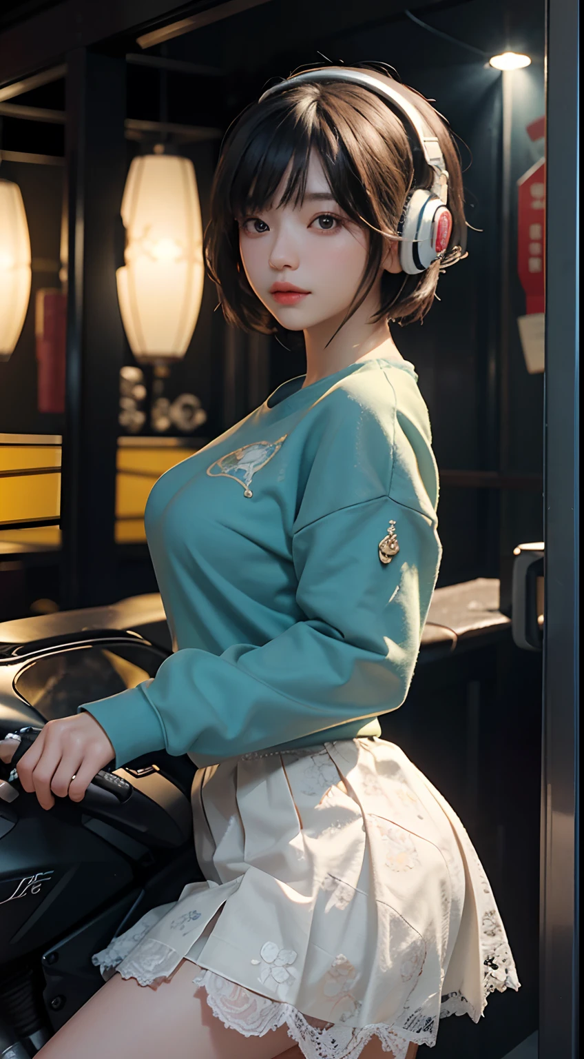 Highest image quality,Outstanding details,超高分辨率,(Fidelity:1.4),The best illustration,Favor the details,Highly cohesive 1girl,He has a delicate and beautiful face,Dressed in a yellow-blue sweatshirt,huge breasts1.2,with headphones on,Ride on a metal motorcycle,1girll,Short white lace skirt,The background is a high-tech lighting scene in the future city。