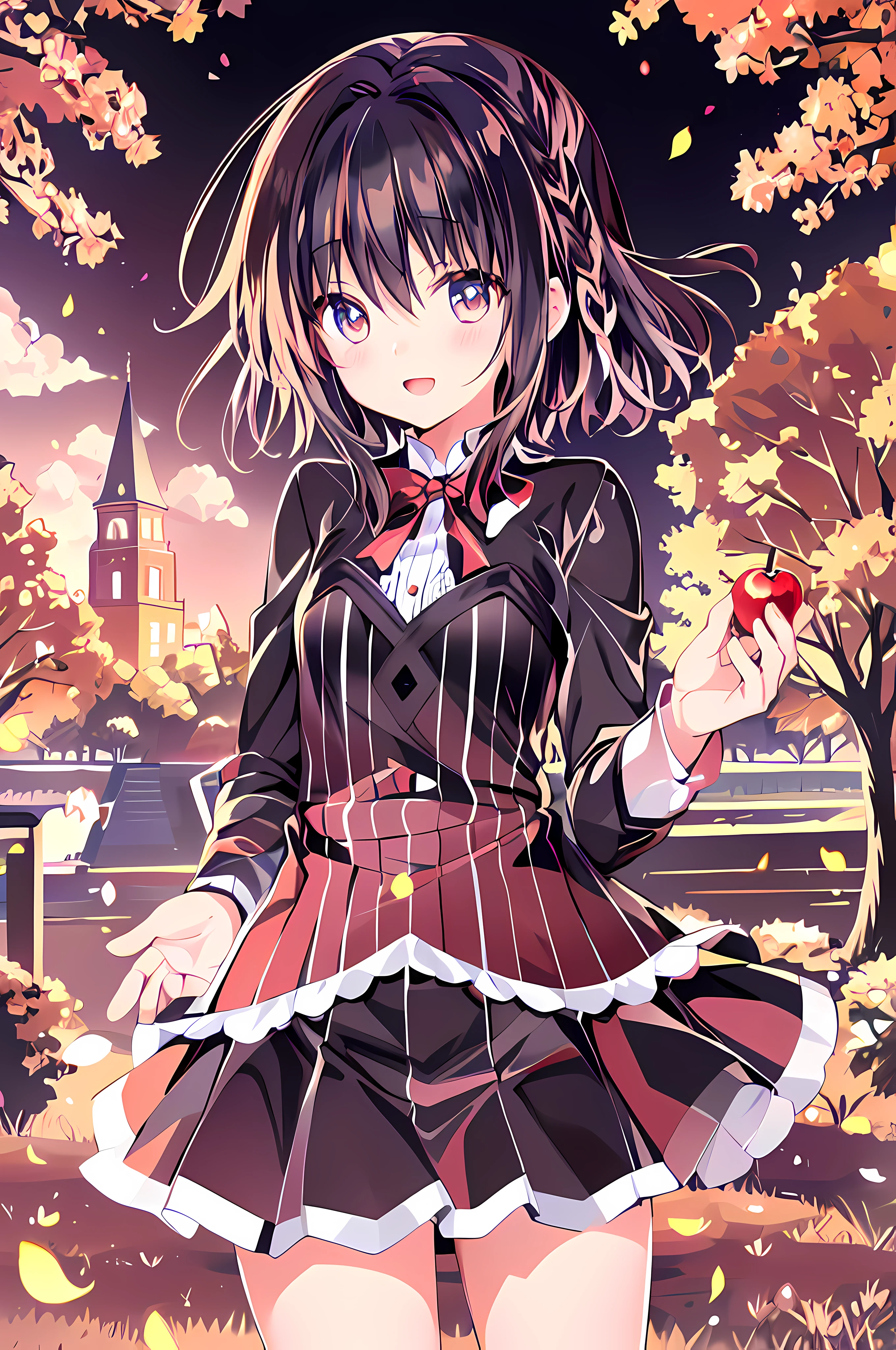 Anime girl in school uniform holding apple in park, high detailed official artwork, Official artwork, in dress, Splash art anime Loliime visual of a cute girl, nyaruko-san, Loli, smloli girl, Sh anime CG art, small curvaceous loli, Best animekonachan wallpaper