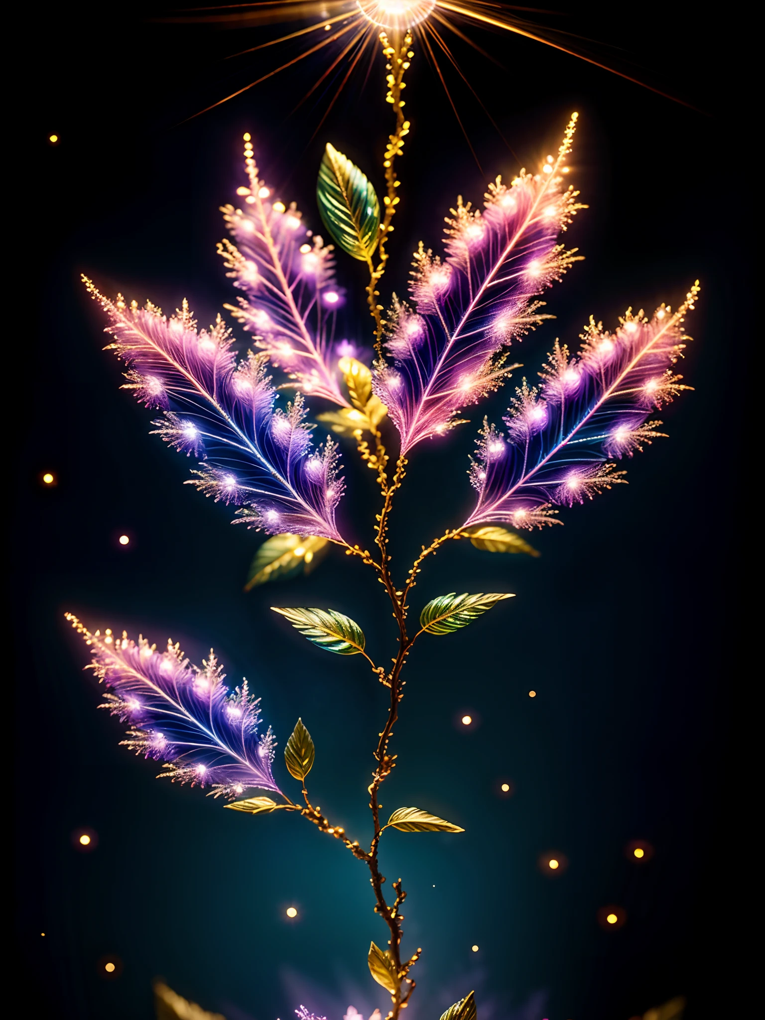 branch of delicate lilac flowers, super transparent, holy light, beautiful spectral light, petals glow, flashing, dark background, drops of transparent light, reflective light, bright, light streaming in, optics, portrait profile, sharp focus, magical, intricate, ultra realistic, fantasy, composition, light, trend on artstation, pearl, patronus cloud of silvery vapor, corrosive enveloping ray family, 8k, ureal ar 23v4 uplight