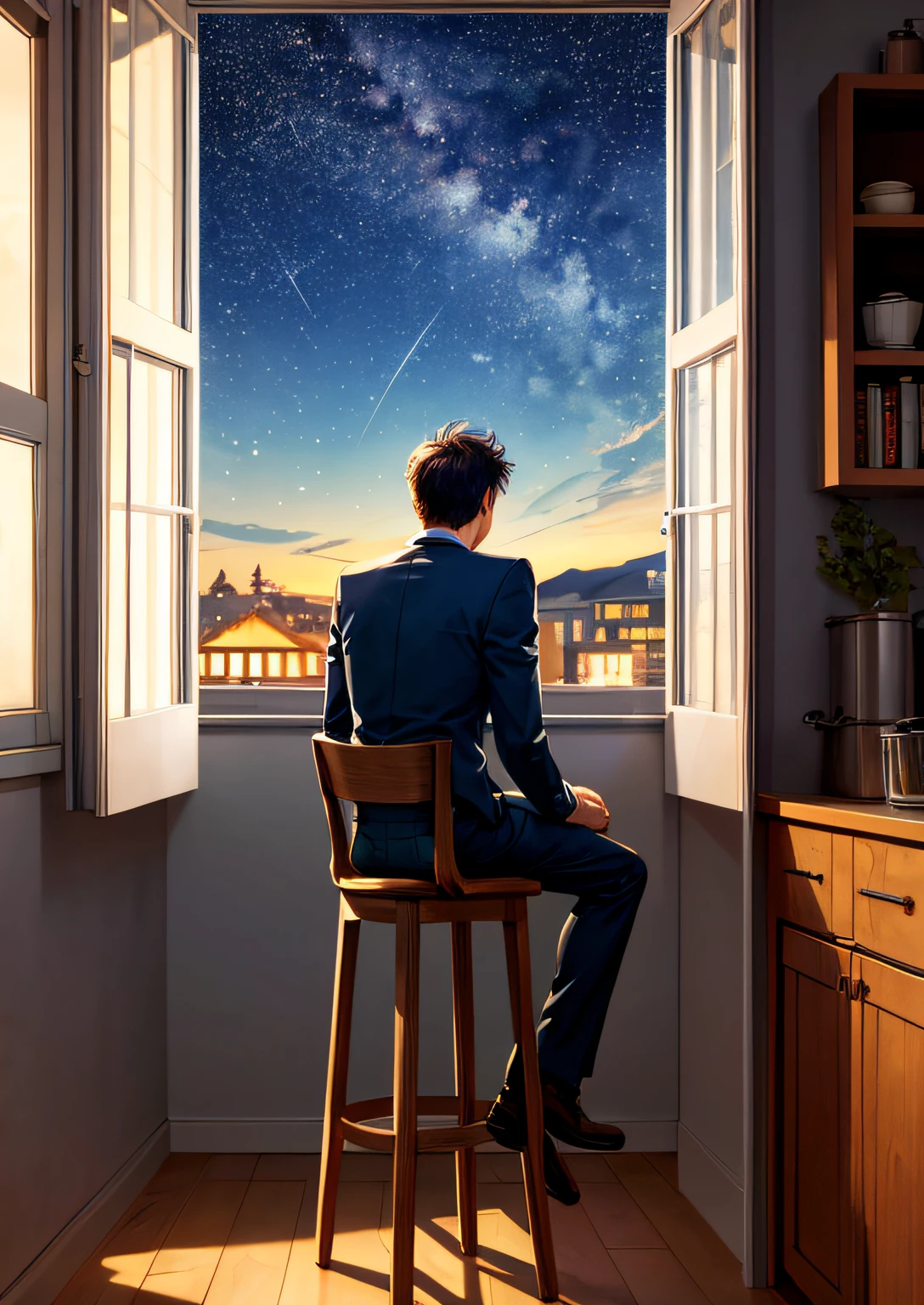 A young man sat on a stool with his back and looked out the window，Outside the window is a sky full of stars