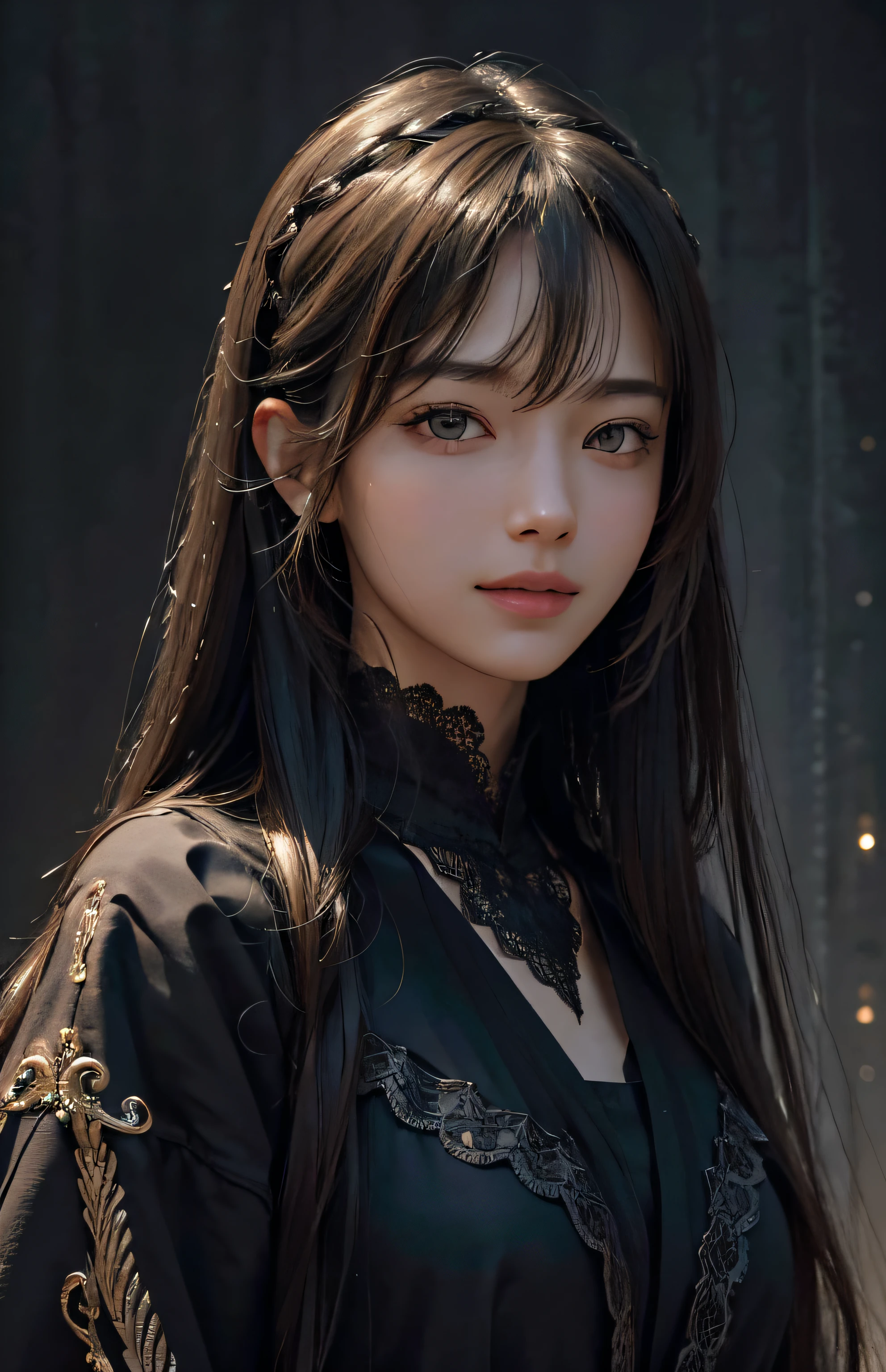 (Ultra Realistic), (Illustration), (Increased Resolution), (8K), (Extremely Detailed), (Best Illustration), (Beautiful and Detailed Eyes), (Best Quality), (Ultra Detailed), (Masterpiece ), ( wallpaper), (detailed face), solo, 1 girl, looking at viewer, fine details, detailed face, in the dark, deep shadows, low key, pureerosfaceace_v1, smiling, long hair, black shawl straight hair , 46 points oblique bangs