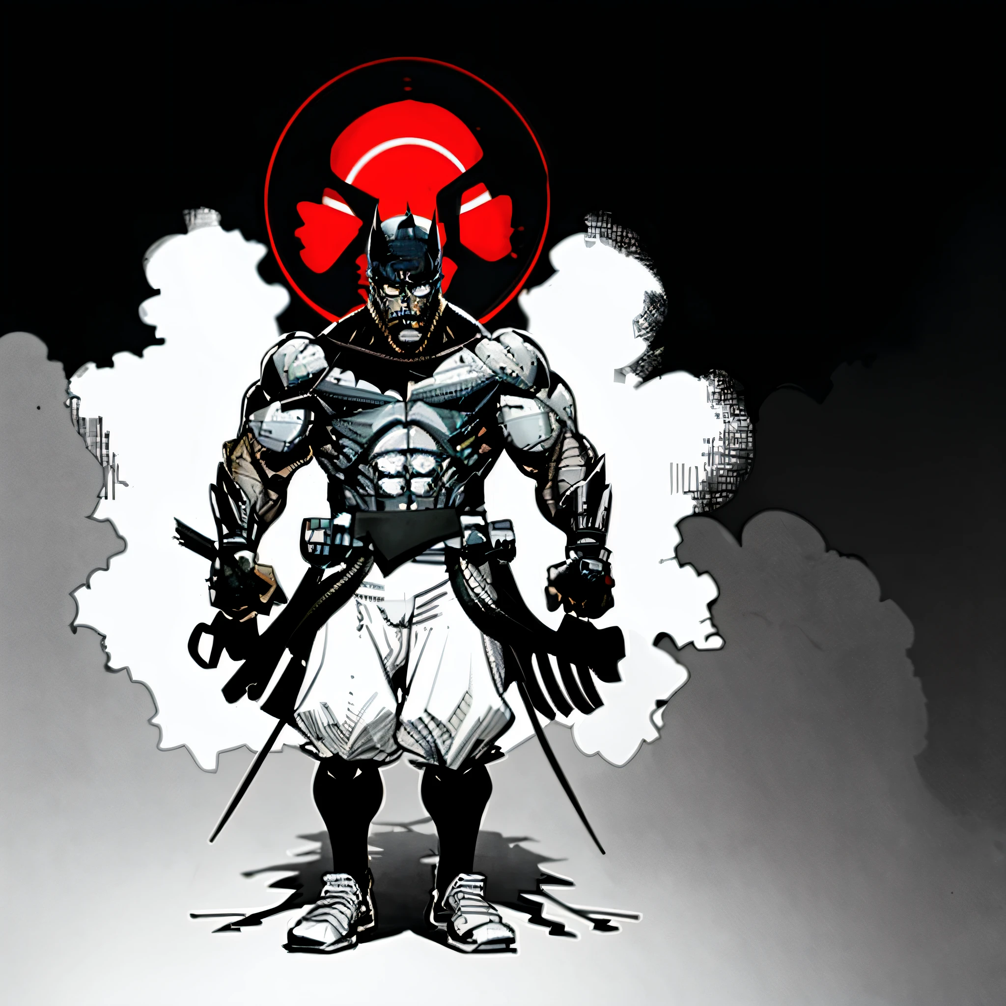 Batman, the Dark Knight, Mike Morgan, afro samurai anime style, afro samurai style, afro samurai animes style, cyborg ninja, cyborg samurai, Urban Samurai, inspired by Frank Miller, afro samurai manga style, Robot DC, moon knight, Shinobi, inspired by Jim Lee, heroic look, Samurai, author:Mike Diodato, fractal cyborg ninja background