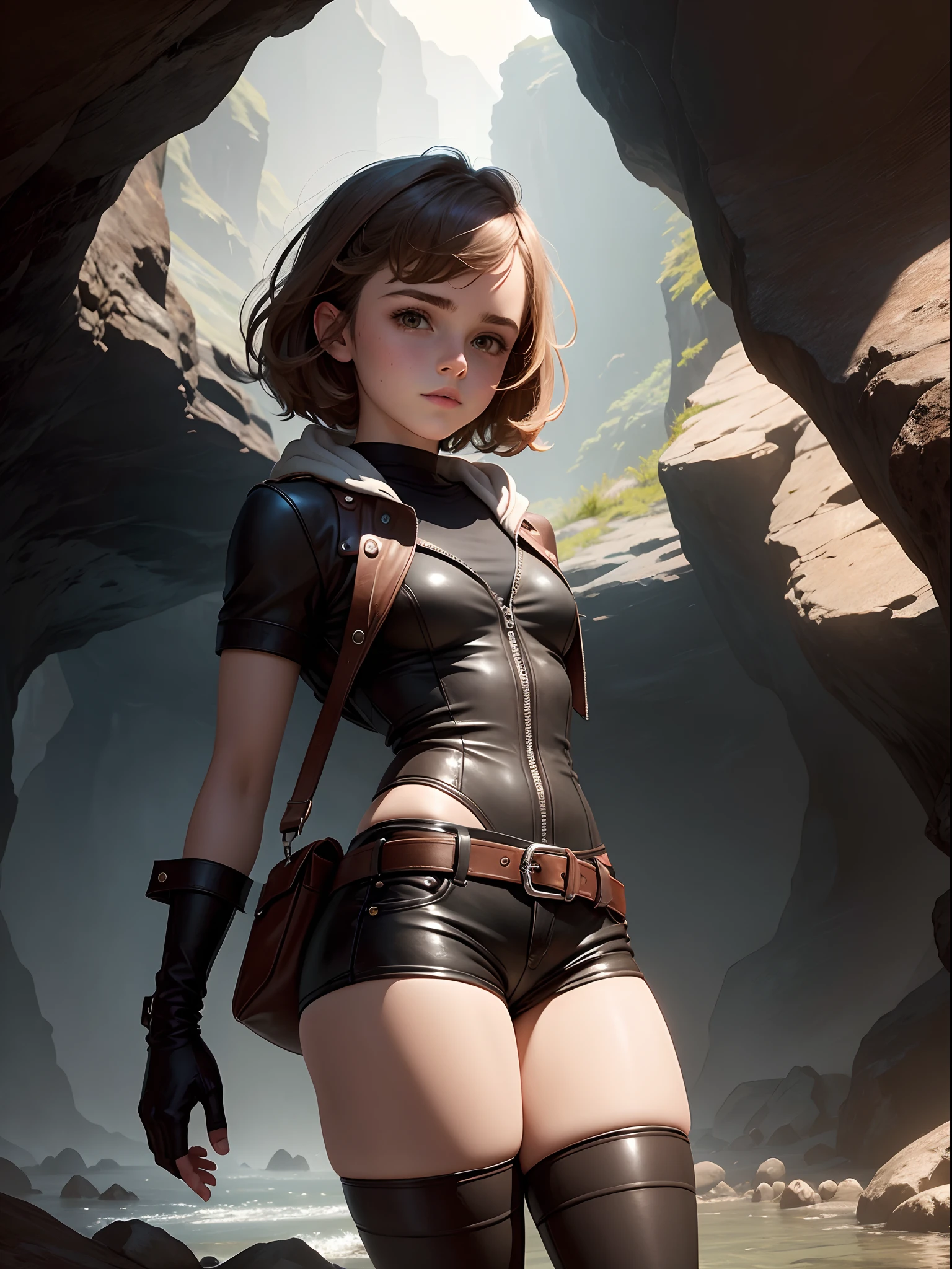 An explorer teen emma watson inside a cavern. sexy leather shorts. creek. --s 1000