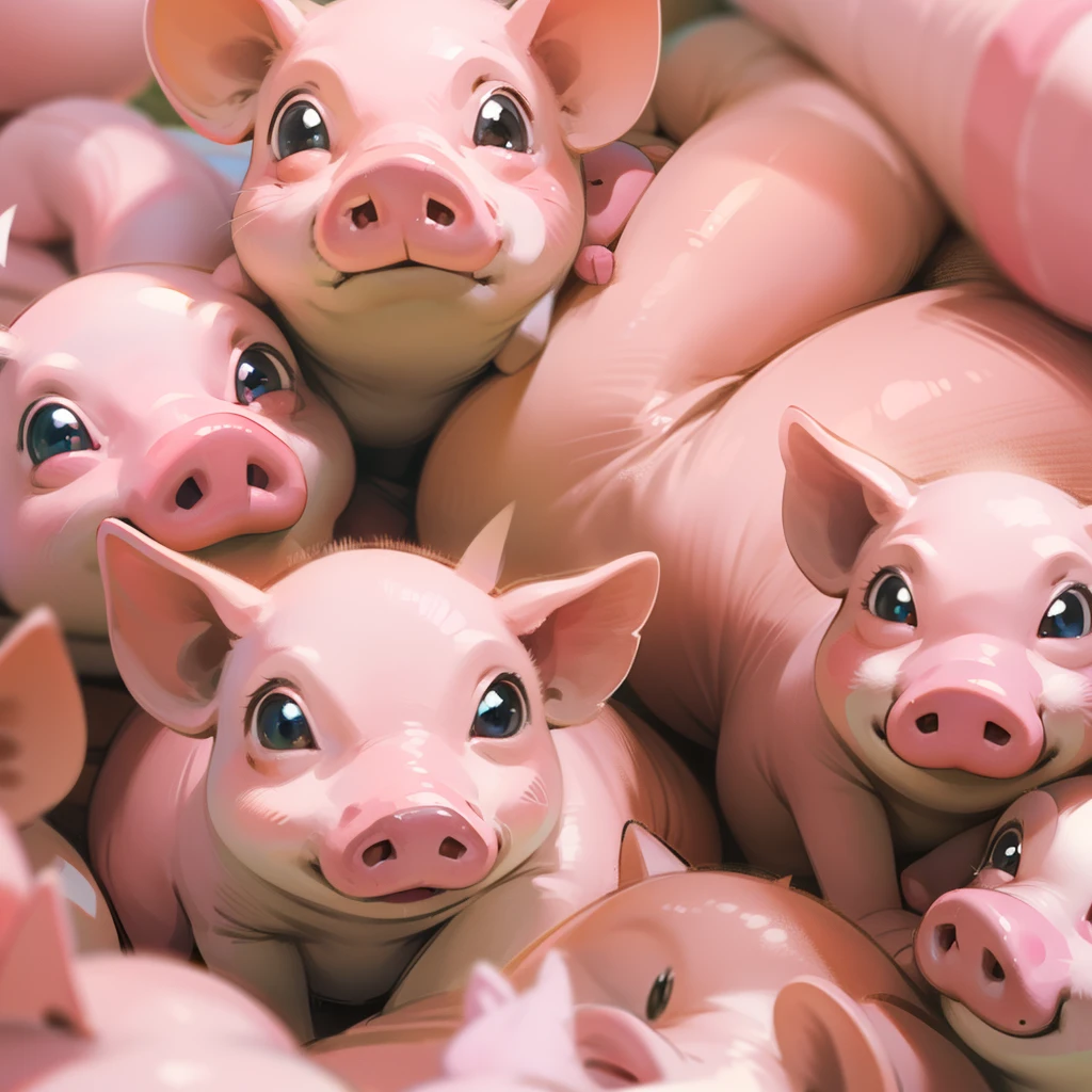 With the sunset in the background,(masterpiece:1.2, high quality), Several little pigs sleeping together in bed、