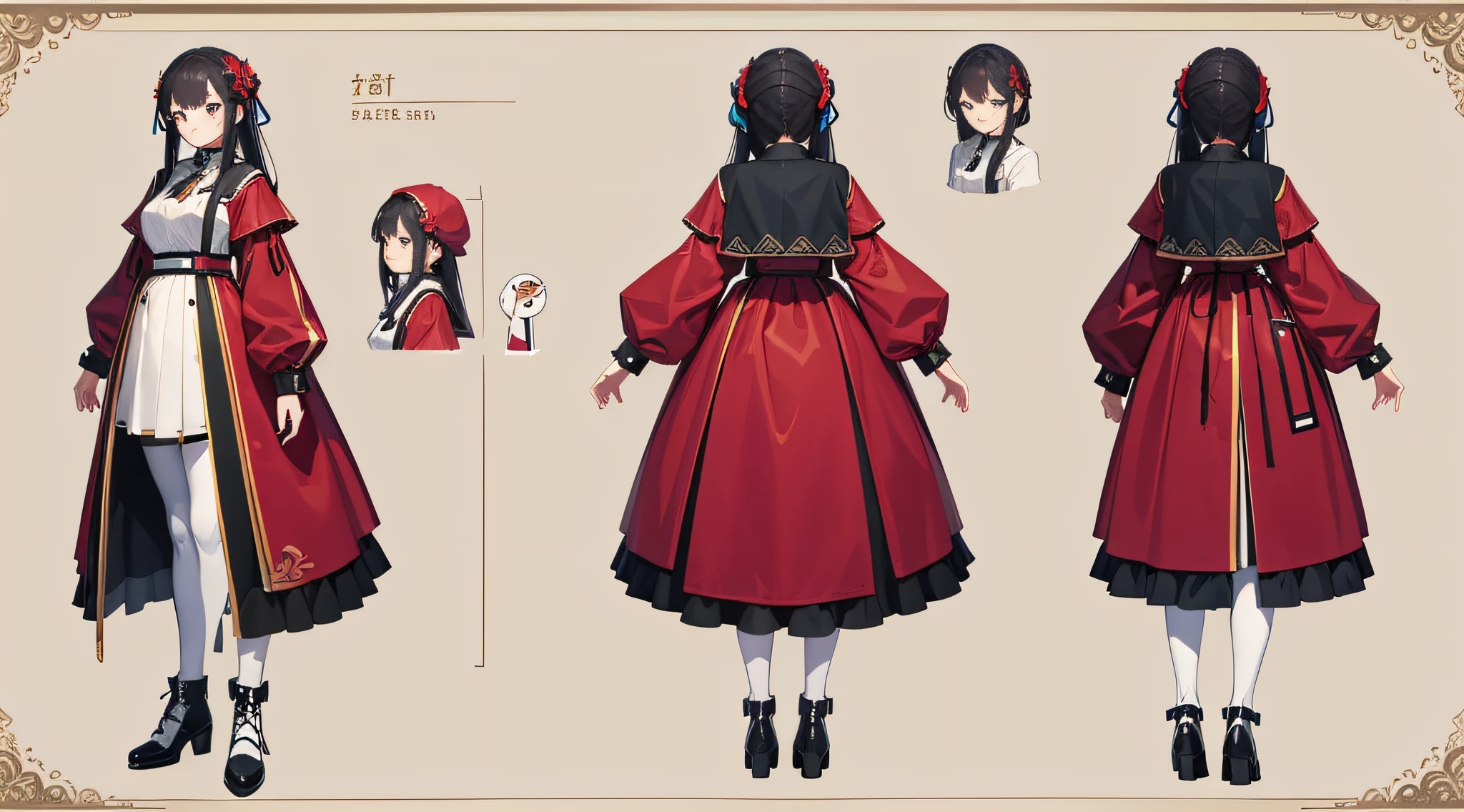 (best quality, masterpiece), 1girl, ,cute, standing girl, three view drawing, front and back and side, character sheet,full body,simple background,