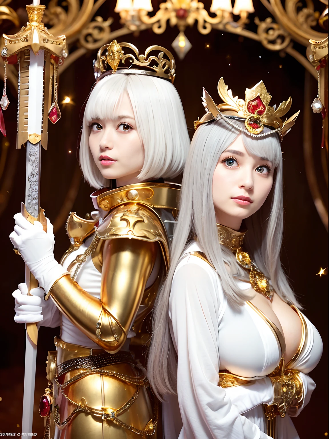 (masutepiece), Professional , masterpiece、top-quality、photos realistic , depth of fields (Gemstone Silver Metal Body:1.9),(Matte White、Jewel Gold Weapon(Jewel Metal Body:1.4),Gorgeous metal weapons ,(Swarm of goblins)、 Detailed Sword of the Brave , Beautiful knife ,warhammer 40k , adepta sororitas,Detail and ornate jewel crown、Black hair、Gangle's forest background、Beautiful Caucasian beauty、1a person、dynamic ungle,(((Detailed and ornate diamond crown)))、Smaller head、A smile、Take a sexy pose、Thin and beautiful female hands、cyanide light particles、Mystical expression、