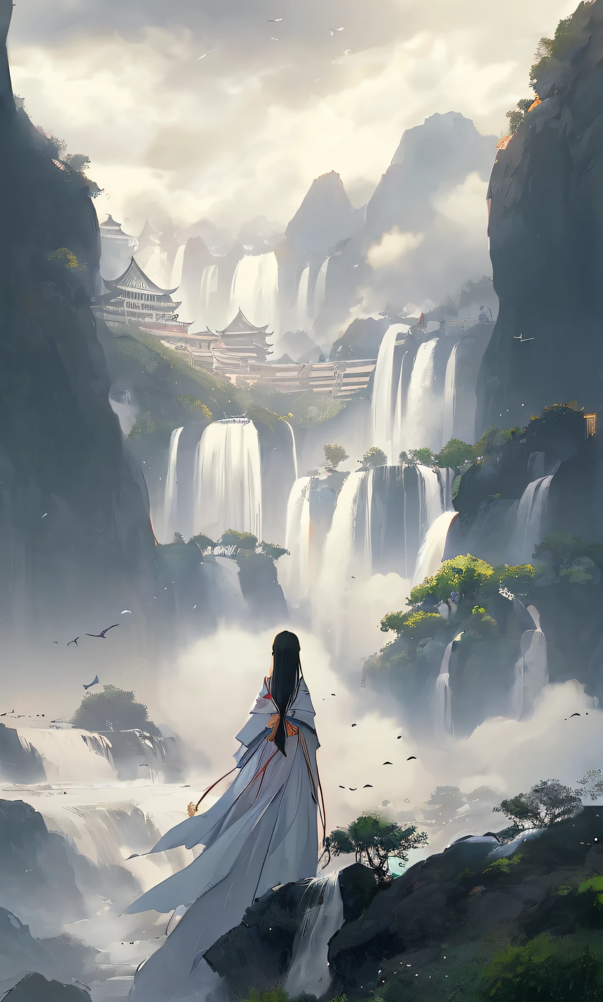 Anime scene of a woman standing in front of a waterfall, beautiful concept art, ross tran. scenery background, emotional concept art, Estilo de Raphael Lacoste, flowing white robe, Stunning! concept-art, concept-art | feng zhu, Feng Zhu concept art, Inspired by Fenghua Zhong, By Li Song, by Yang J, inspired by Raphael Lacoste