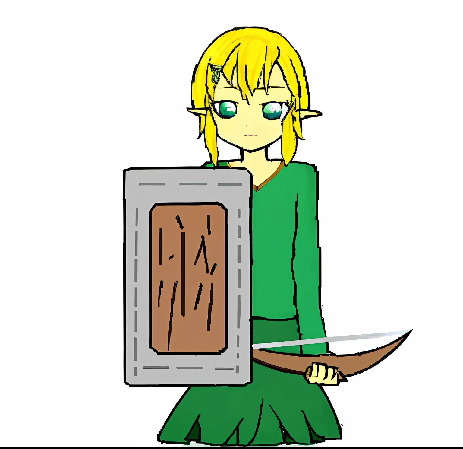 Cartoon of a woman with a knife and a box, a blonde emerald warrior, wielding a sword and shield, holding weapon and shield, holding a sword and shield, The wood elves, she is holding a sword, Holding a shield, holding scale and holding sword, Lien depuis Zelda, holding shield and sword, Holding a sword & a shield, elf princess knight