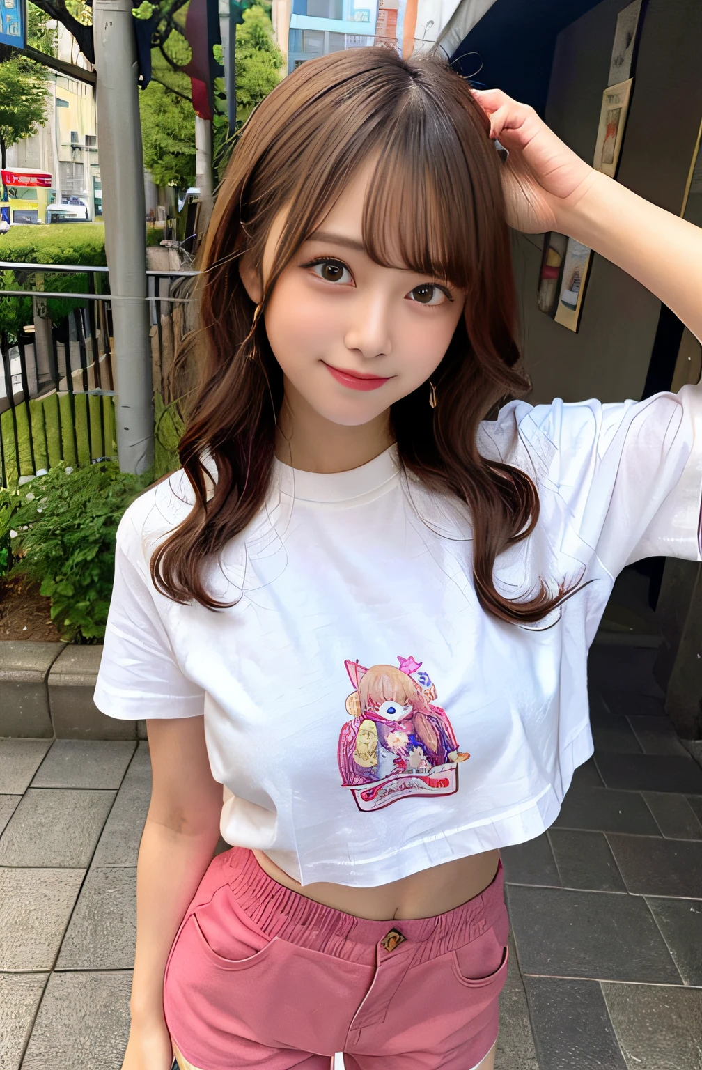 I'm eating sweets、Bifurcated hair、cute、Smile、smile、Lolita、Neat clothes、Pink and white short sleeve t-shirt、Cowboy Shot、In the car