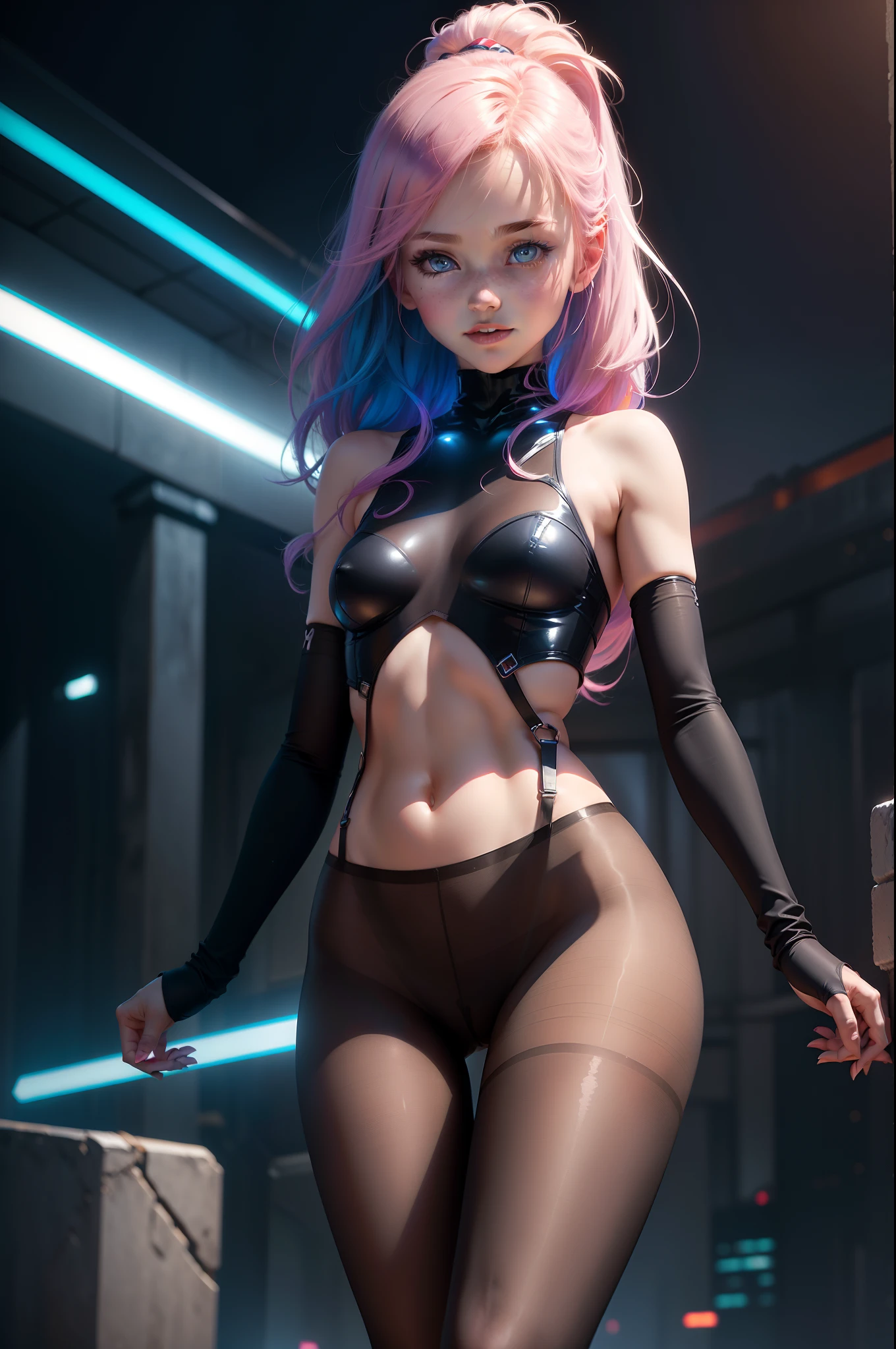 1 girl, Solo, (NSFW), Cute 18 year old redhead girl on double tail, multiple (rainbow colour hair: 1.2), ((Perfect body: 1.6)) (Beautiful detailed eyes: 1.6), (Photo realistic eyes: 1.6), happy and smile, Ukrainian, (Petite body), ((Small hips)), (Shy and cute posture), (Pale white skin), (camel-toe), ((Sheer pantyhose tights: 1.6)), with (Translucent pantyhose: 1.6), (TRON style background) high - tech (Wide angle lens), colorful neon, ((Very dark sky)), Futuristic city, photograph realistic.