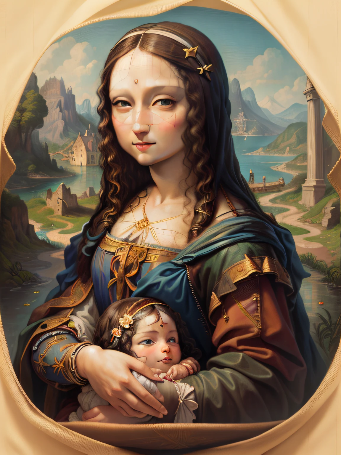 Mona Lisa holding a Leonardo da Vinci, bright clean restored color palate, intricate fabric details, needlepoint vining elements, photo realism, 24k resolution, hyper detail art style on Leonardo Da Vinci, hand has four fingers, and one thumb, (baby mothers left hand are rapped in silk blanket)