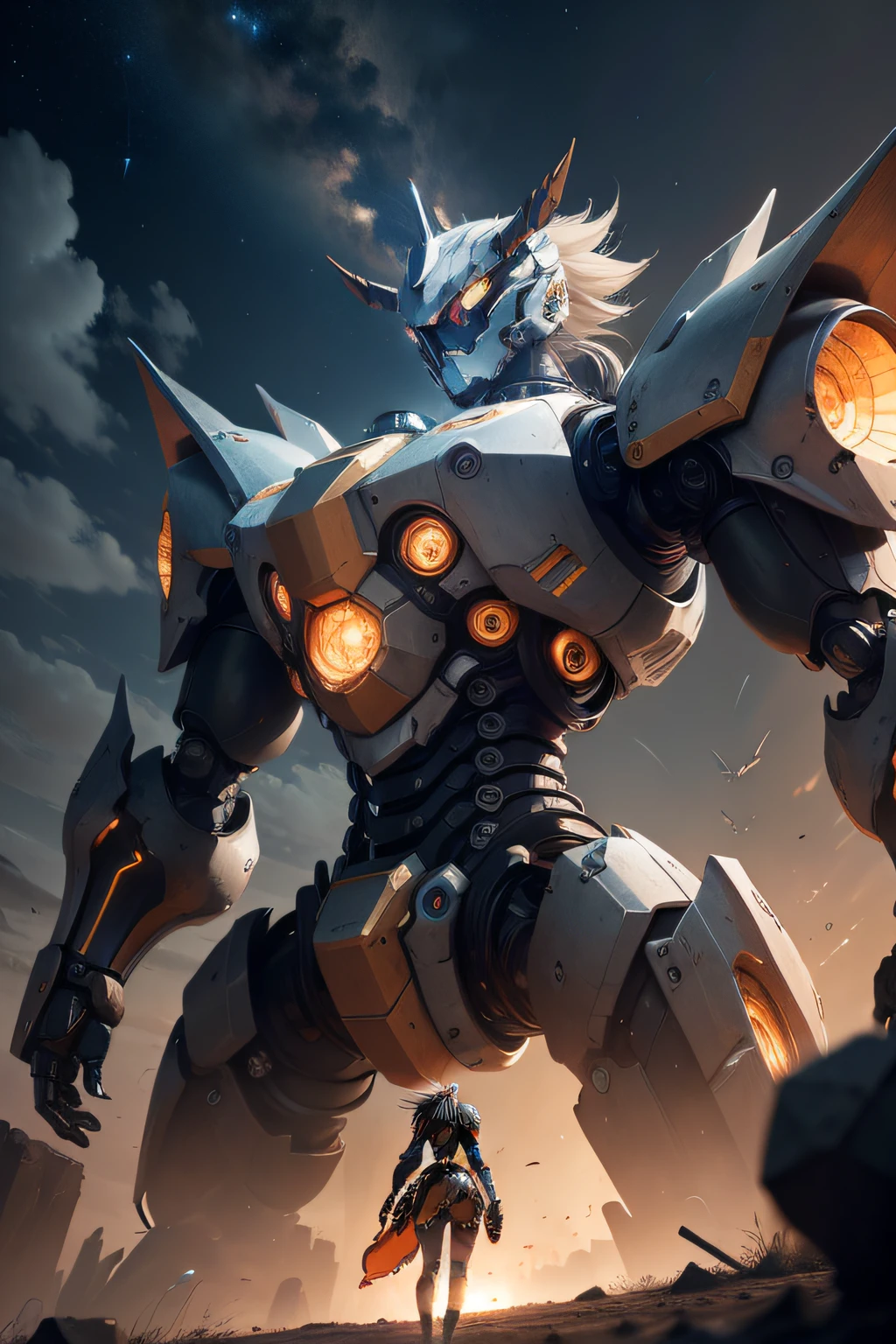 Close-up of the robot, anime robotic mixed with organic, Under the stars consists of many metal fragments, a dragon made of machine parts, giant anime mecha, tremendous mecha robot, vitruvian mecha, metal sculpture, metal art, robot made of jet parts, pterodactyl mecha, high ponytail, expressionless, cinematic lighting, from below, afterimage, Cubism, high details, highres, high details, UHD