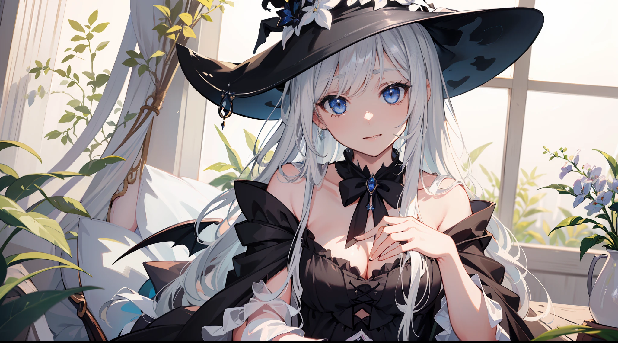 ((Best quality)), ((Masterpiece)), ((Ultra-detailed)), (illustration), (Detailed light), (An extremely delicate and beautiful), Dramatic perspective,A charming young girl,sorceress woman,Cute face,(Lucifer - The New Magician),(Sexy figure),(Black magic robe),Big black witch hat,white dresses