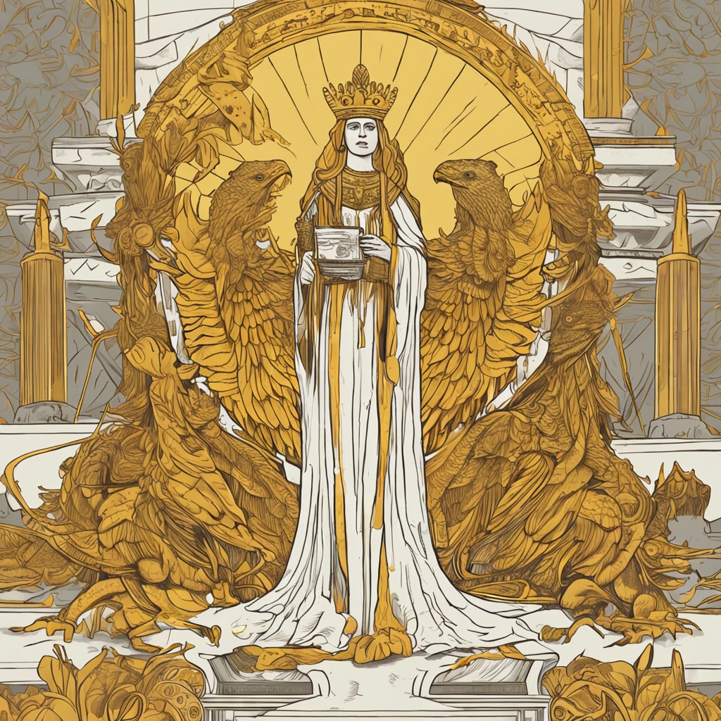 The female pope wears a golden crown and a phoenix robe,holding a phoenix scepter and a magic bok. She is surounded by a dazling display of gold coins and has long golden hair